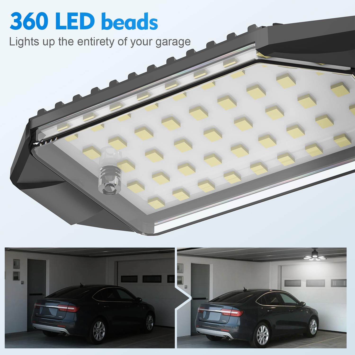 TANBABY 250W LED Garage Lights 2 Pack, 30000LM Deformable Ceiling Light, E26/E27, Black, Model T-180X