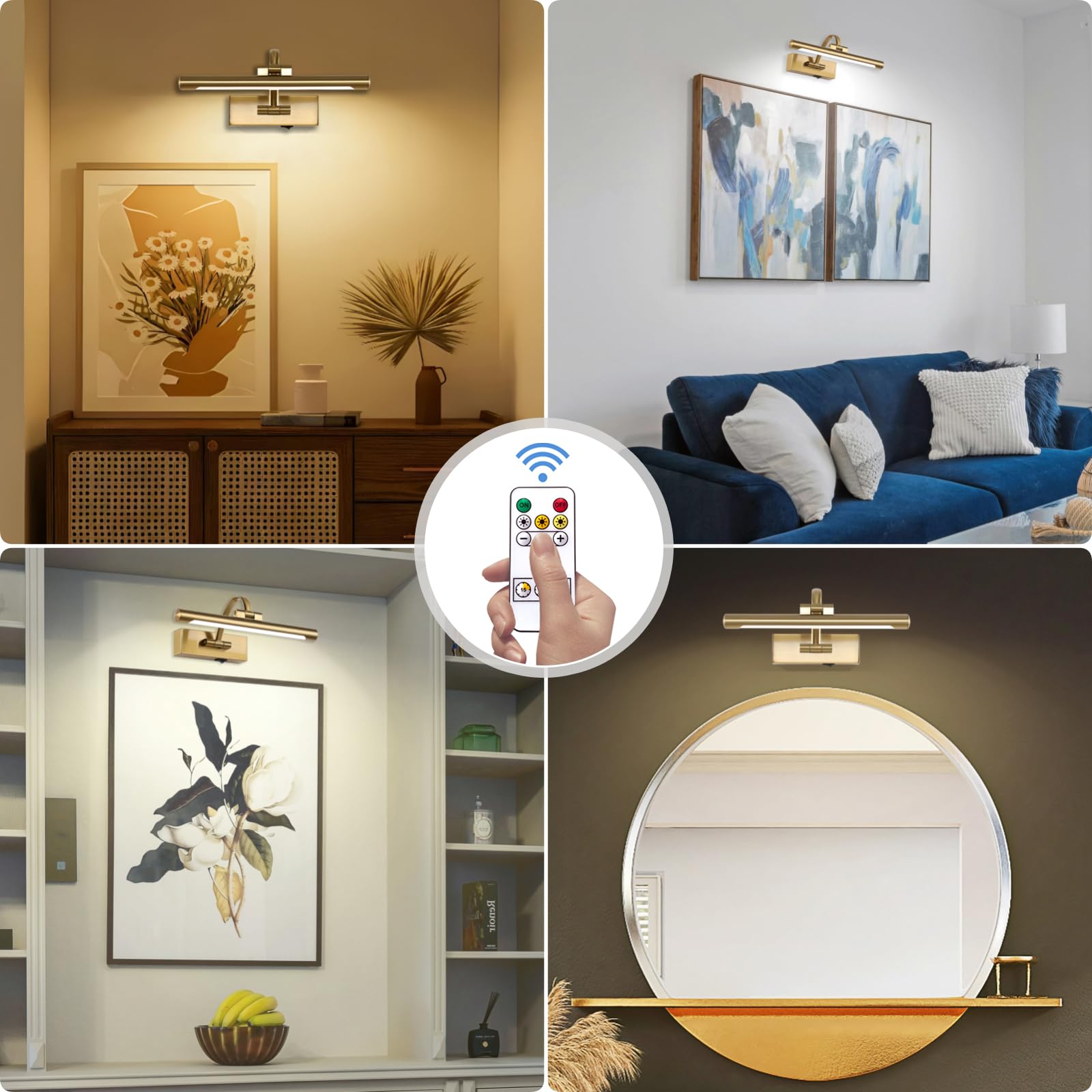 Tassuowell 12 Inch Brass Rechargeable Picture Light with Remote Control, Dimmable, 3 Color Temperature, Model 7115