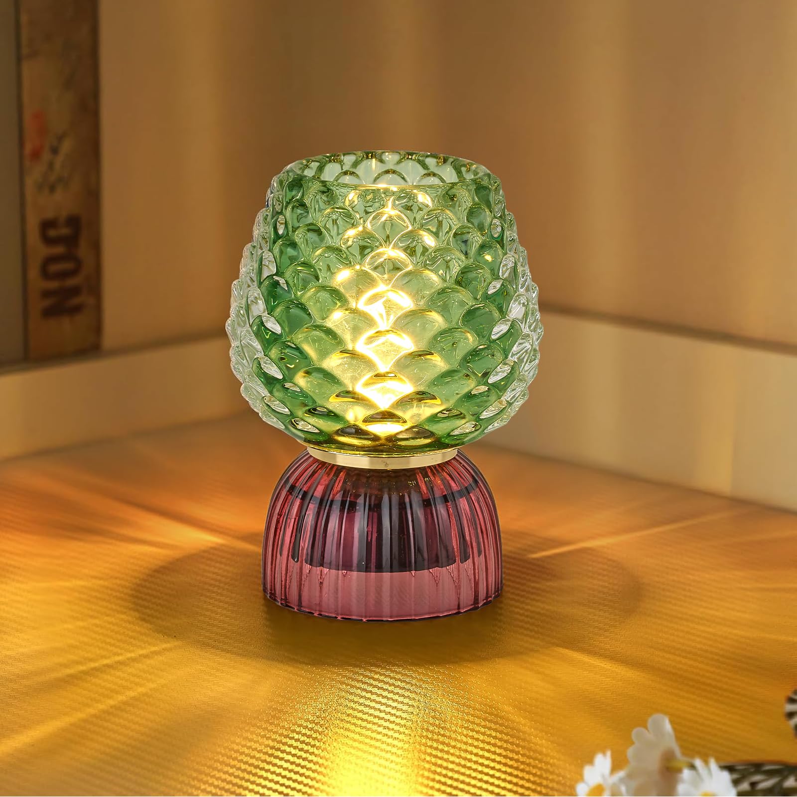 SisiHokai Battery Operated Lamp with Timer  Cute Small Cordless Glass Table Lamp for Home Decor  Kitchen  Bathroom  Birthday Gift for Women  Pinecone  Green