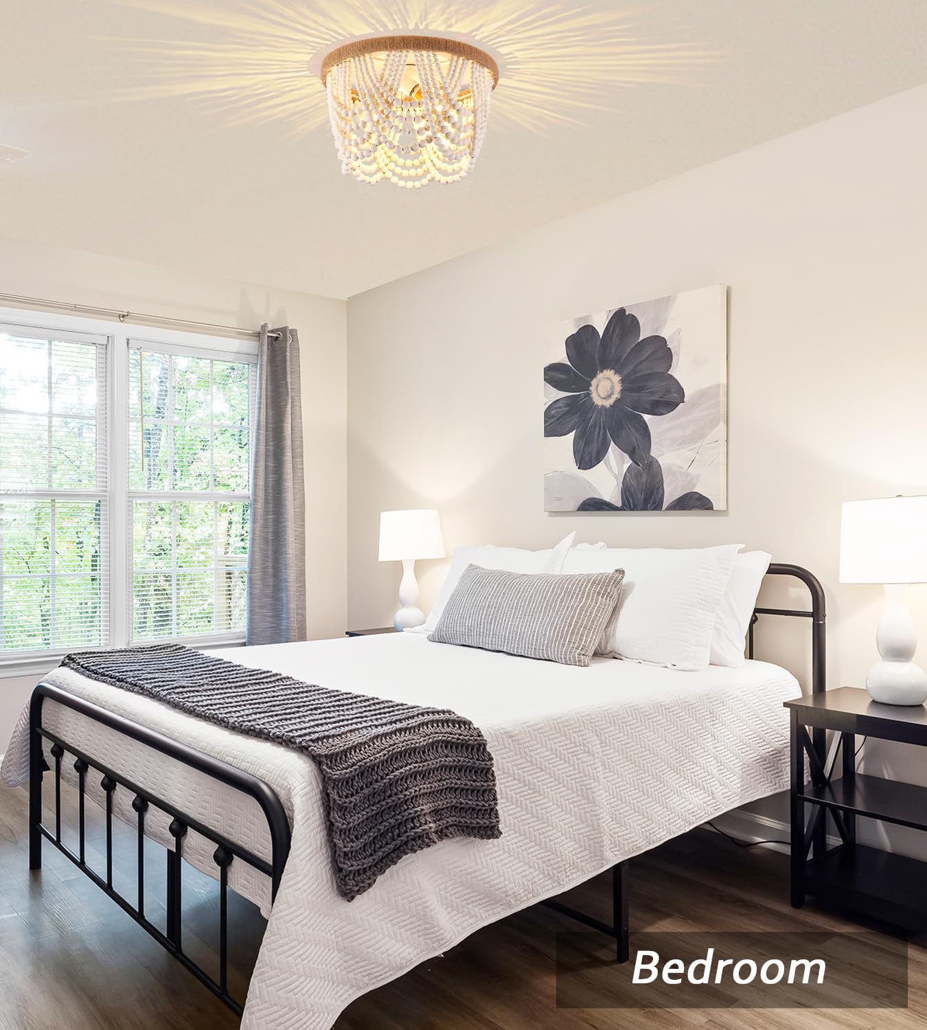 Capslpad Wood Beaded Flush Mount Ceiling Light, Antique Rustic Mini Chandelier, 3-Light, 12.8inx9.6in, Warm White, Model T14MZ02