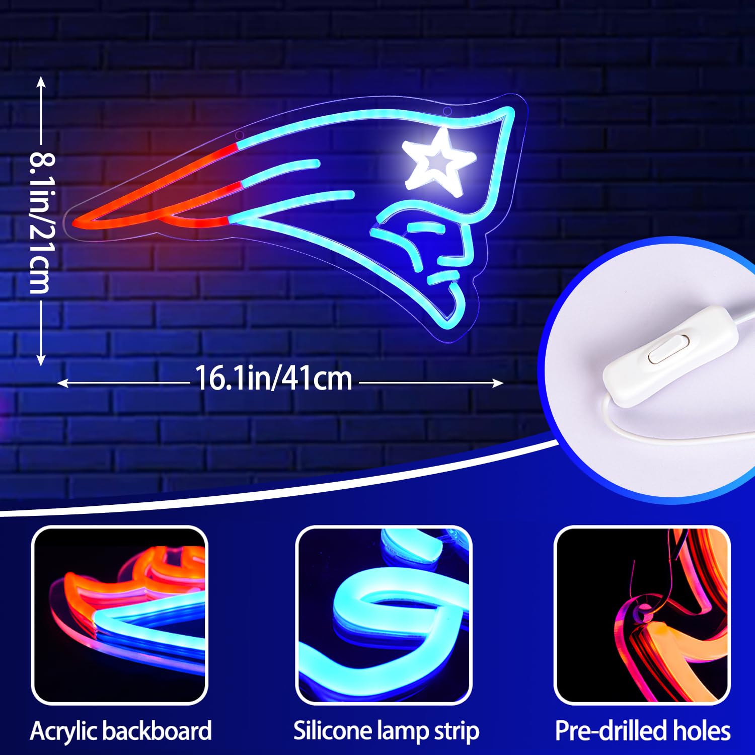 Brineon Football Neon Sign - Blue Acrylic Wall Light, 16.1x8.0in, Perfect for Man Cave, Garage, Bar, or Game Room Decor