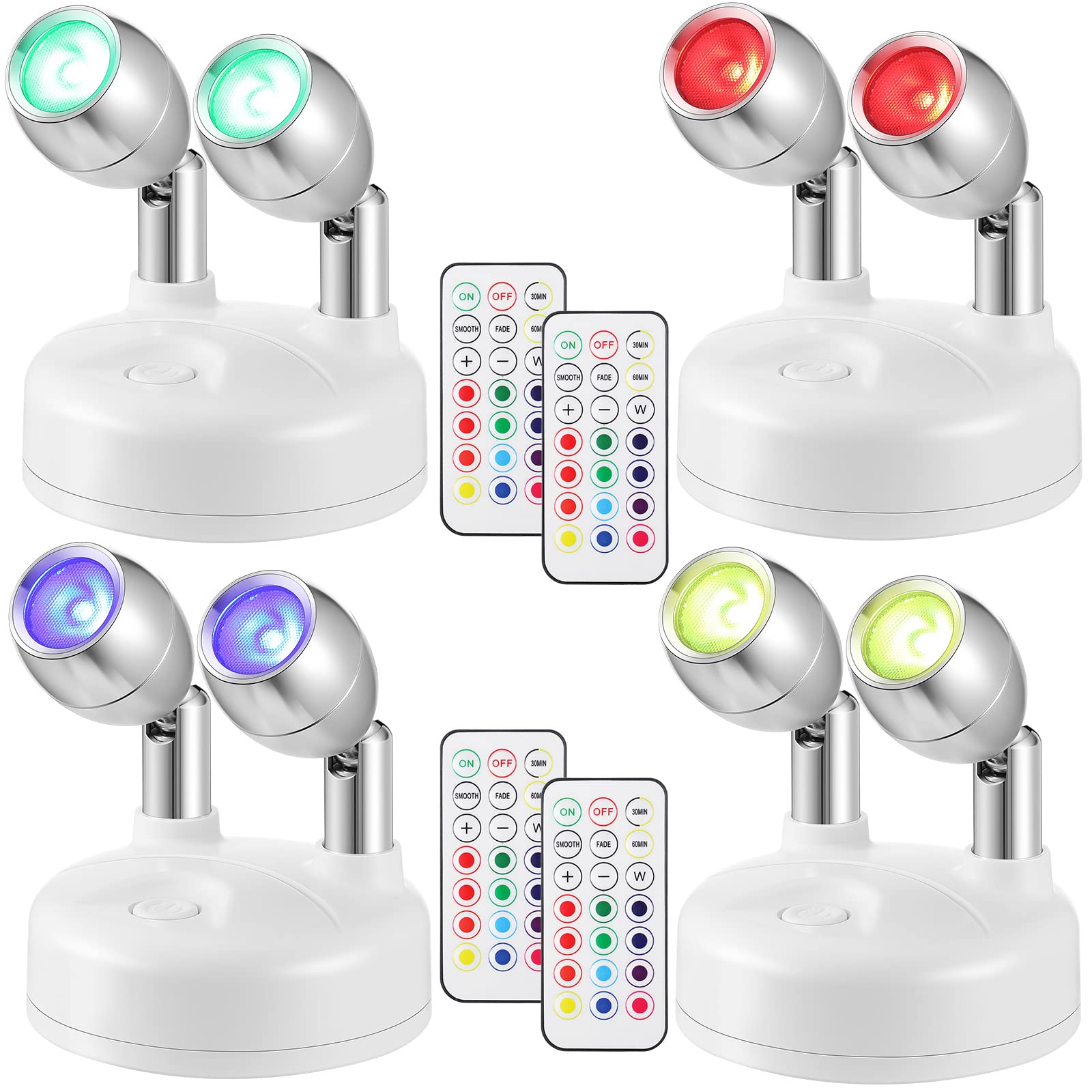 Honoson Dual Head Battery Operated Spotlights, Wireless RGB LED Accent Lights, 13 Colors, Rotatable, White, Model TT-lights-0722n7xo