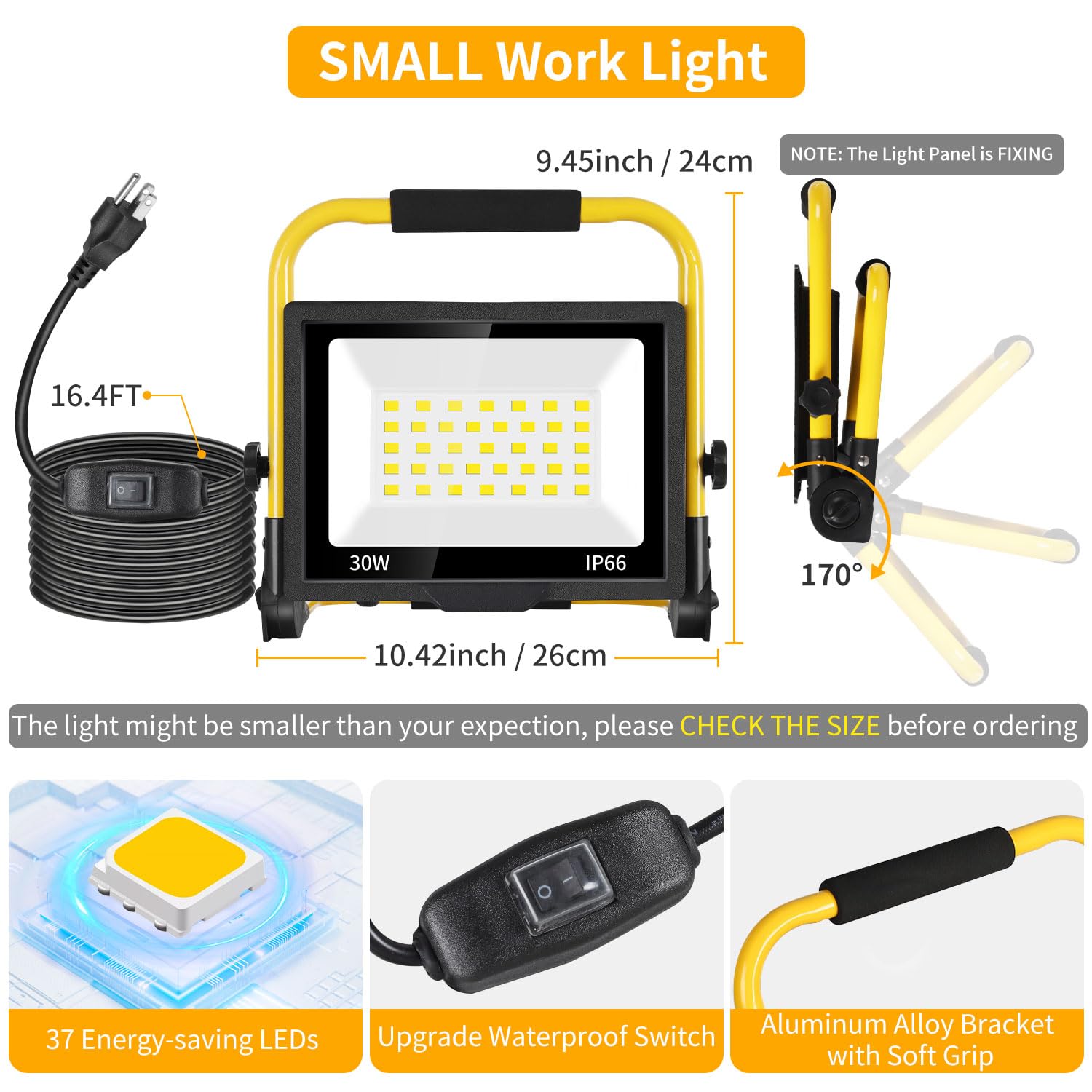ISUERFY 30W LED Work Light - 3600 LM, IP66 Waterproof, 16ft Cord, Portable Stand, Black, Model SUER-GZD-30W-1P