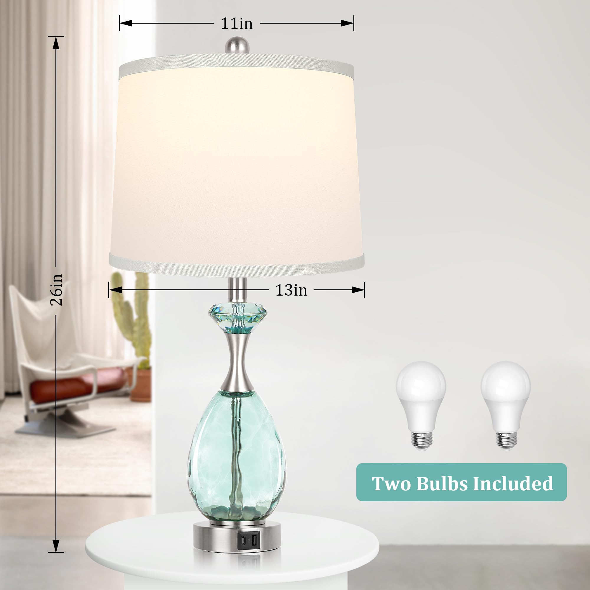 Hamucd 26" Coastal Glass Table Lamps Set of 2, 3-Way Dimmable Touch Control, Blue Nautical with USB Ports, Modern Beach Decor