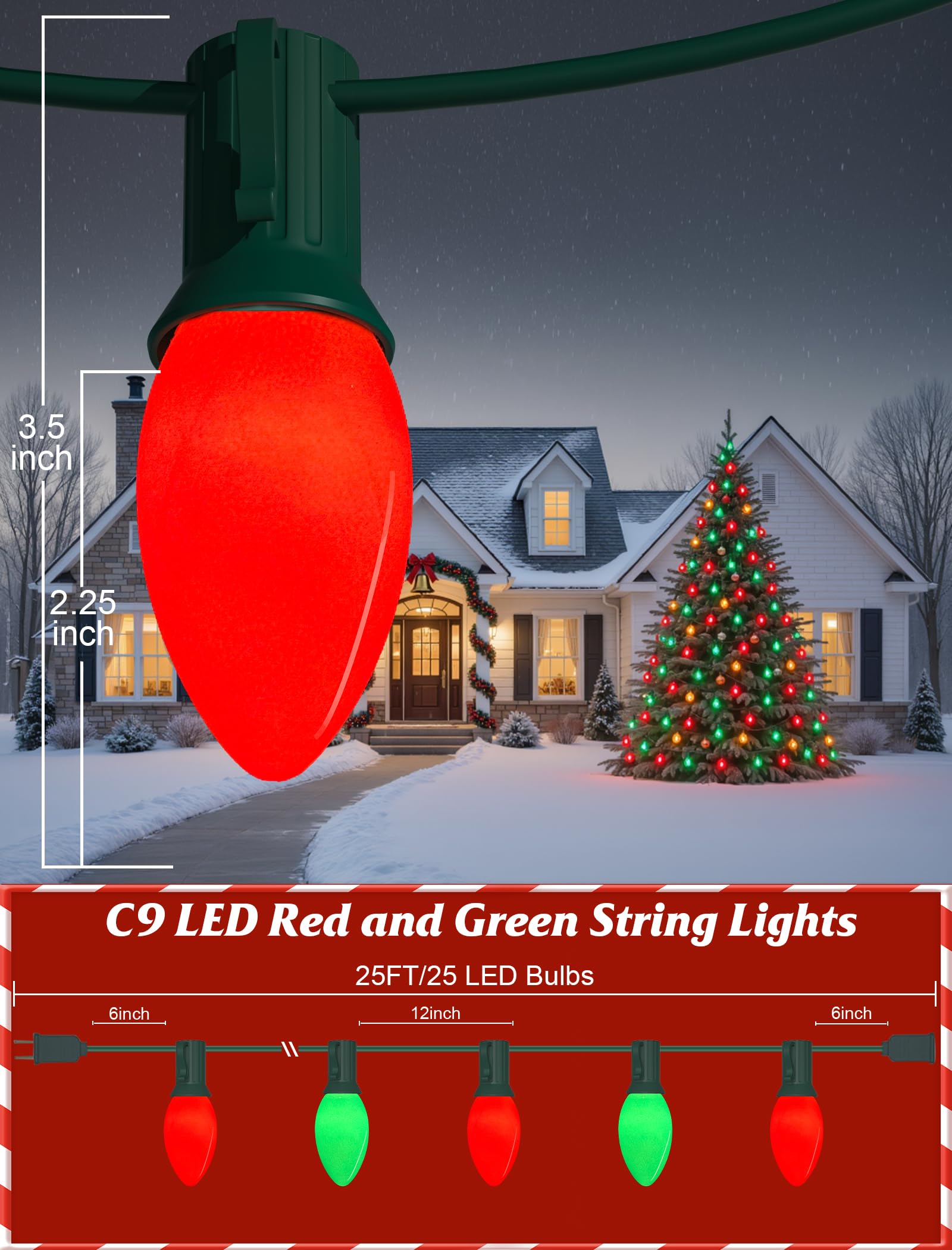 Sunsgne C9 Red And Green Christmas Lights  25Ft Glass Ceramics Christmas Tree Lights With 26 7W Red White Glass Bulbs(1 Spare) For Backyard Patio Balcony Xmas Decor  Green Wire