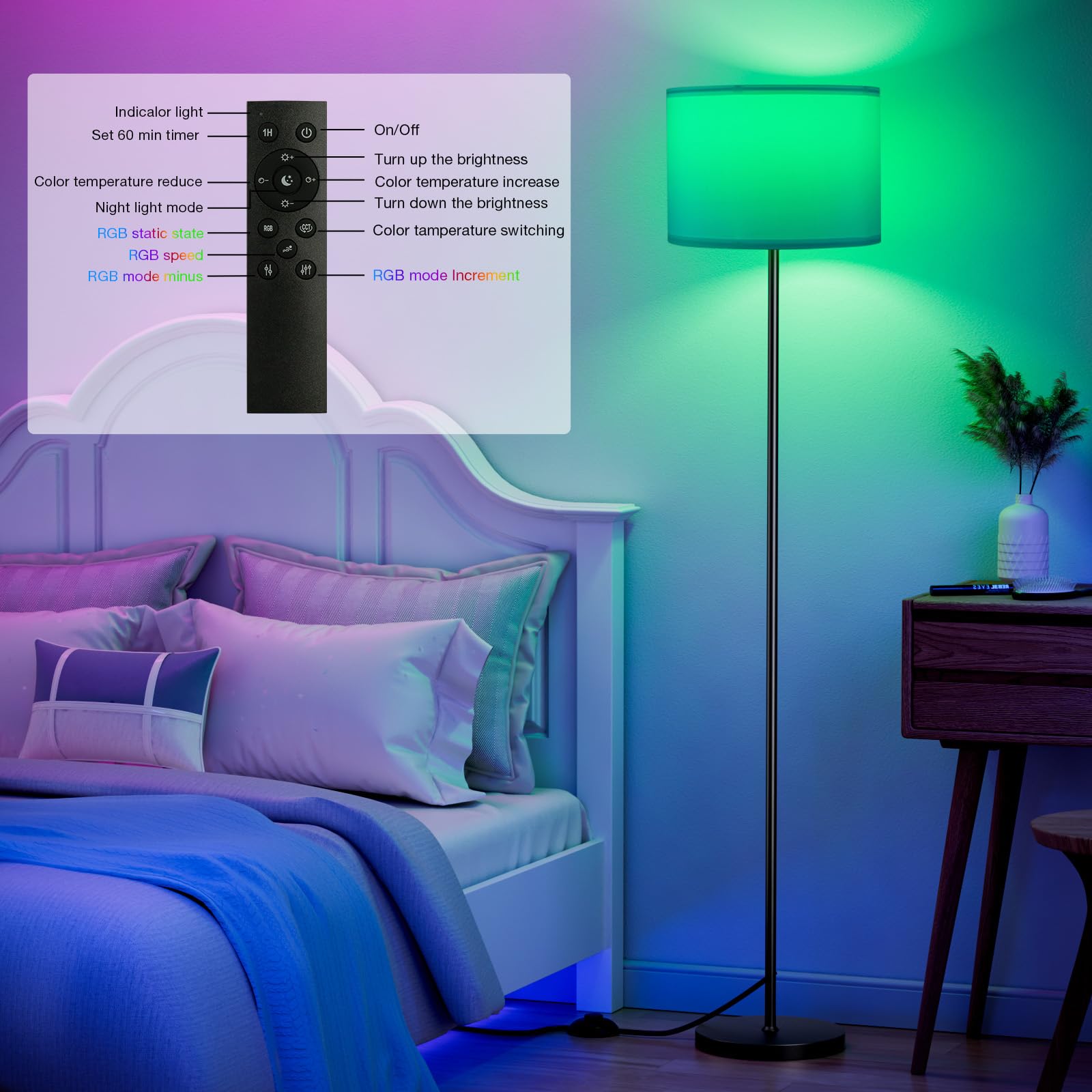 Ambimall Floor Lamp with Smart Light Bulb, RGB & Dimmable, 60 inches, Metal, White Shade & Black Pole, Model RPT-ZGB126