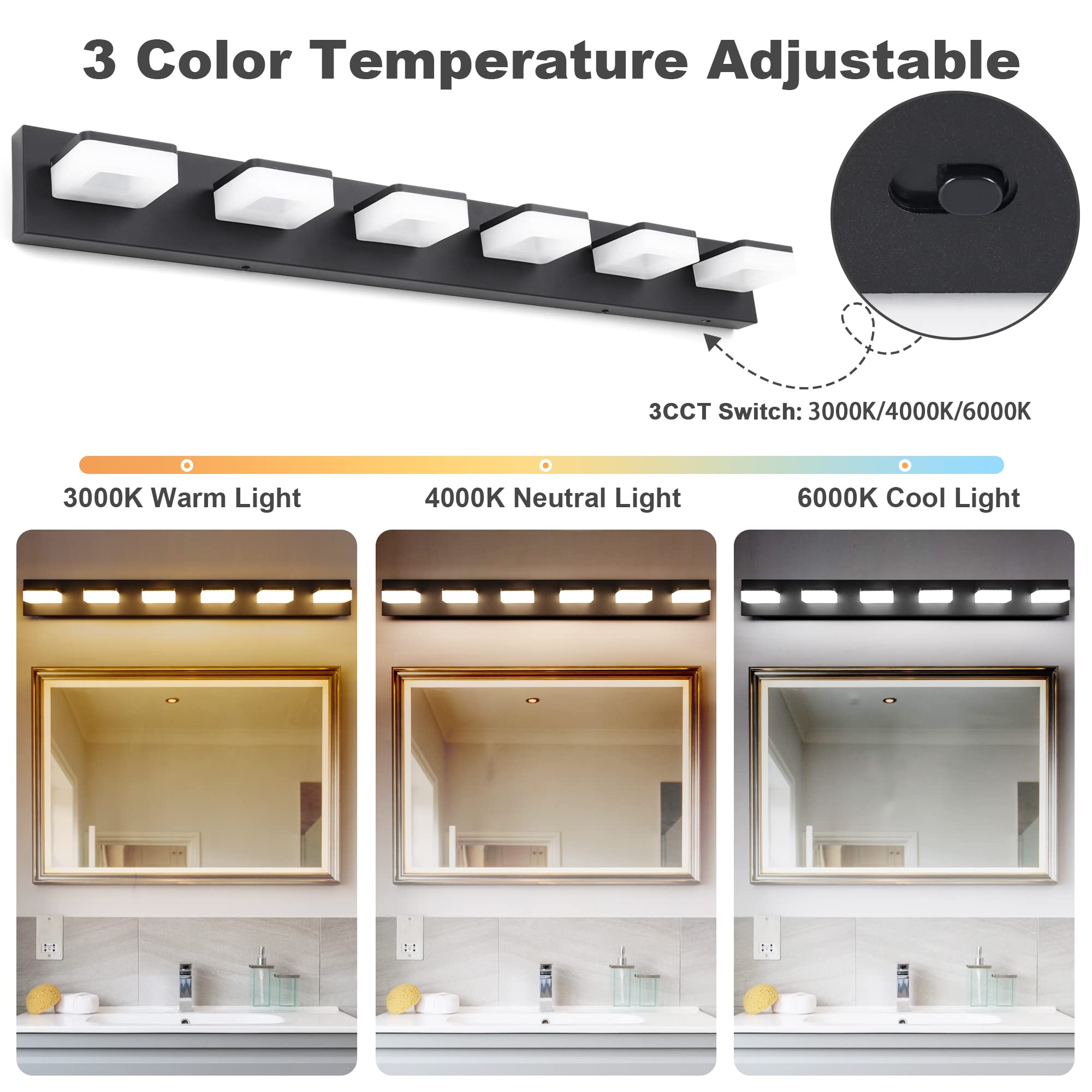 Goodate 3 Color Dimmable Led Vanity Light Fixtures - 6 Light Acrylic Stainless Steel Black Bathroom Light