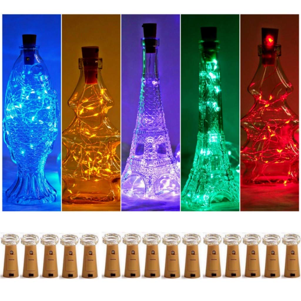SmilingTown Wine Bottle Cork Lights 15-Pack, 10 LED, 40 Inches, Battery Operated, Copper Wire, Multi-Color (Blue, Yellow, Purple, Green, Red)
