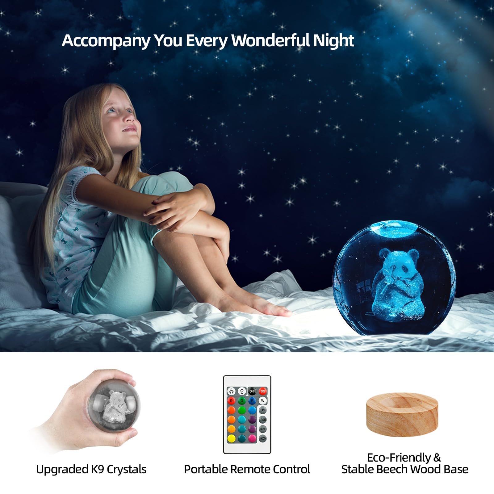 3D Panda Crystal Ball Night Light With 16 Color Led Wooden Base, Upgraded 3.15 Inch Panda Glass Ball Lamps With Remote For Birth