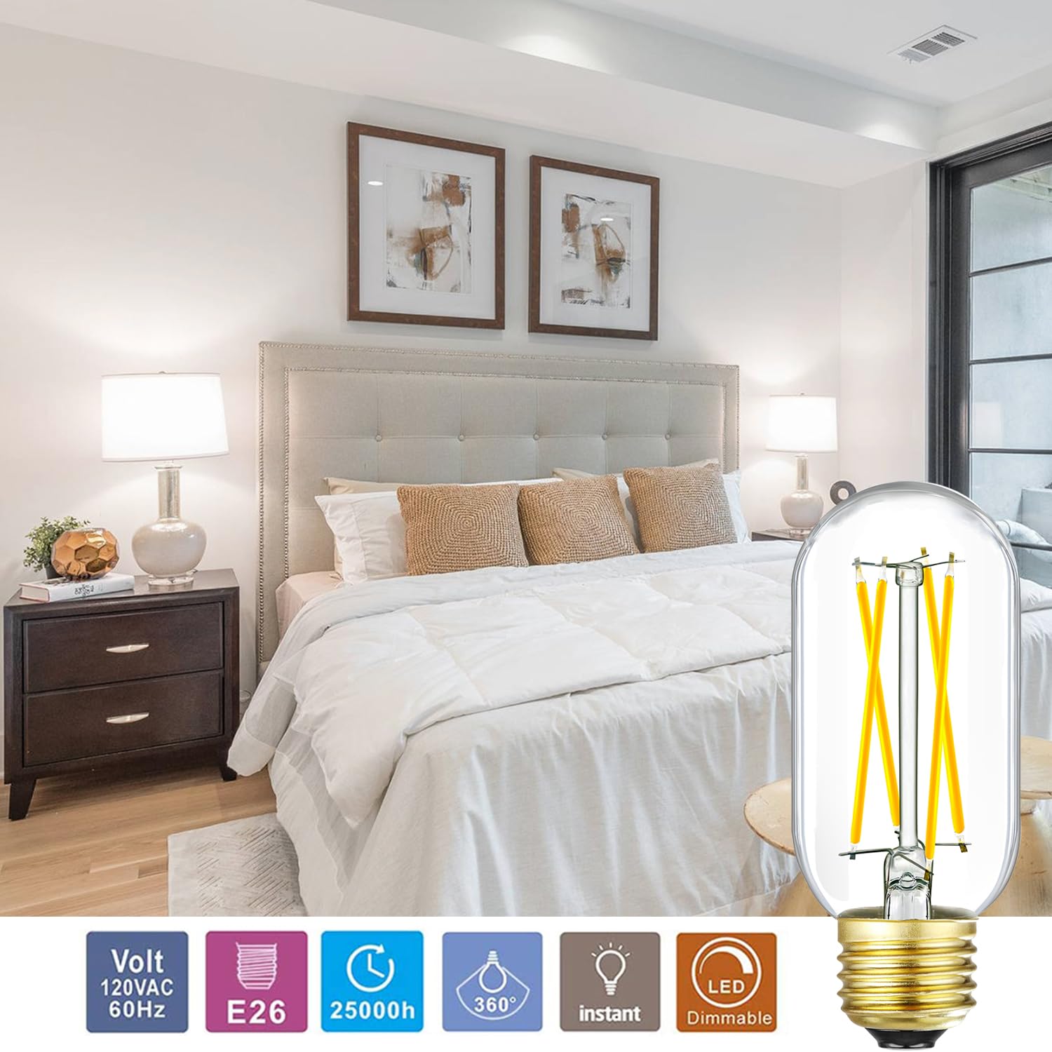 Leools T14 Led Bulb,6W E26 Led Bulb Dimmable Equivalent E26 Bulb 60 Watt,Neutral White 4000K E26 Edison Bulb,Ac120V,650Lm,Cri90,