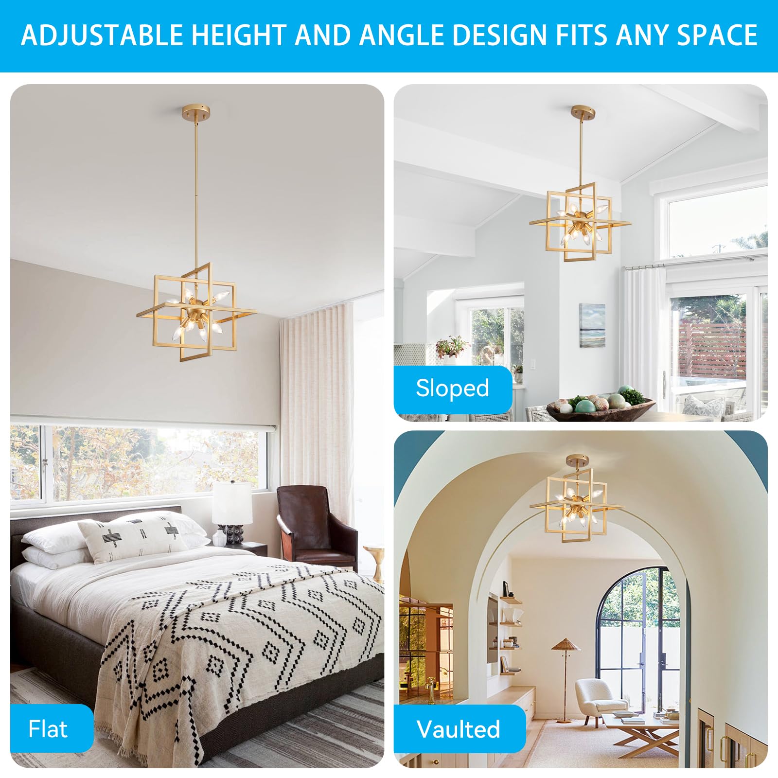 XINGQI 8-Light Gold Geometric Chandelier - Modern Pendant Lighting for Dining Room, Living Room, Kitchen, Bedroom, Hallway