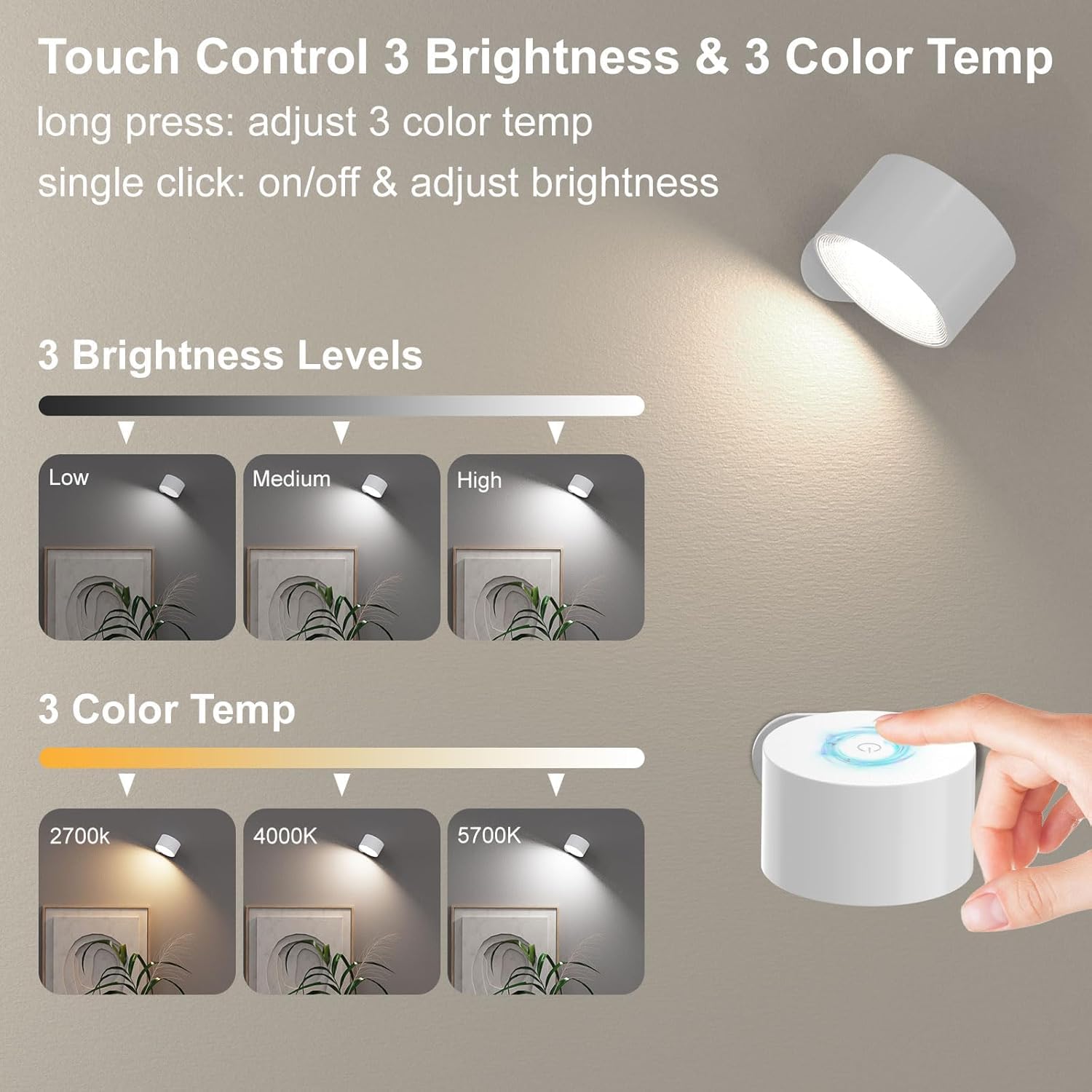 Koopala Rechargeable LED Wall Sconce, Cordless with Remote, 3 Brightness Levels, 360? Swivel, White, Model KP-DS126PRO-2PCS-WG-US