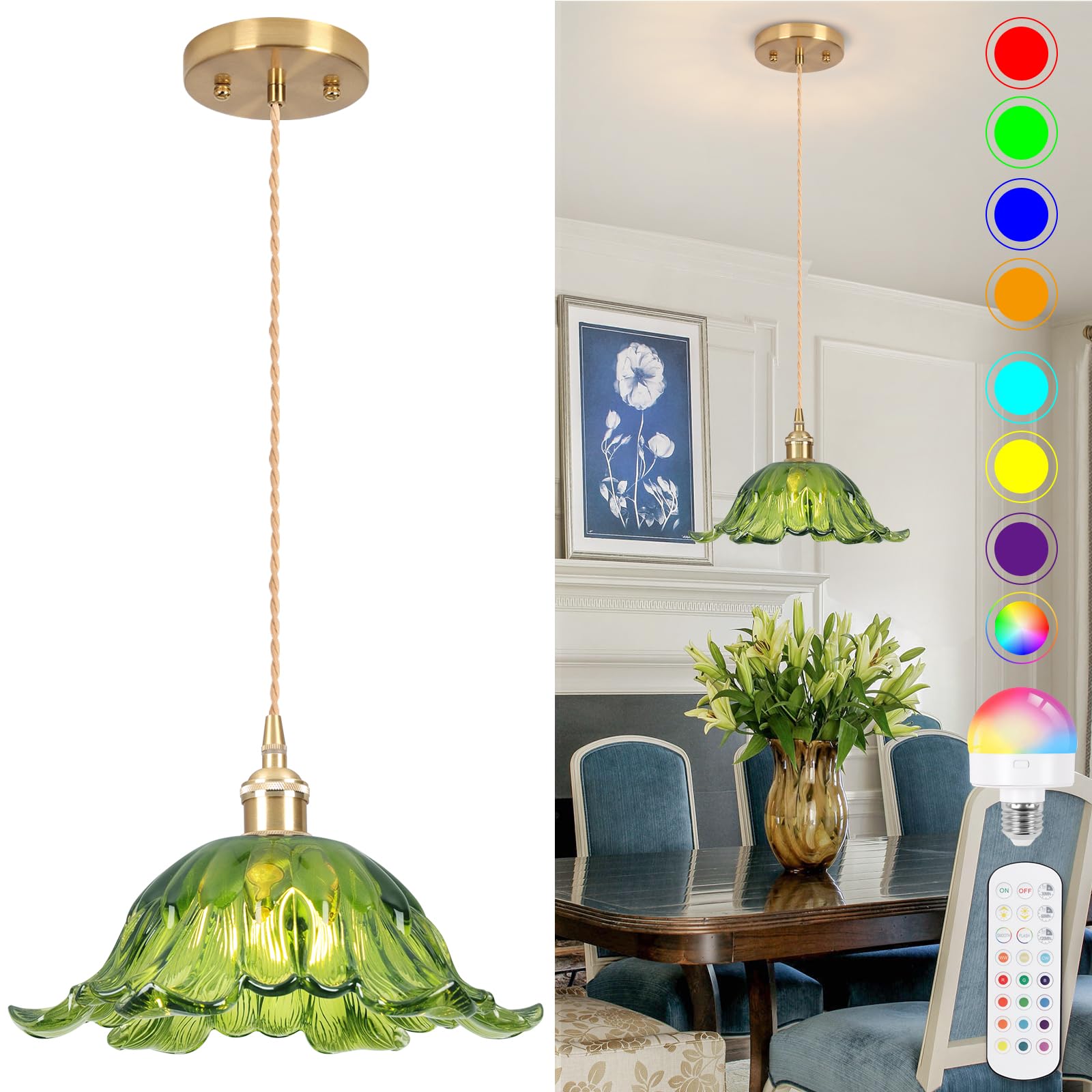 Loiogohot Battery Operated Pendant Light, Green Chandelier, 8.7in, Glass, Remote Control, Model PL-BN1176D-CD-GM