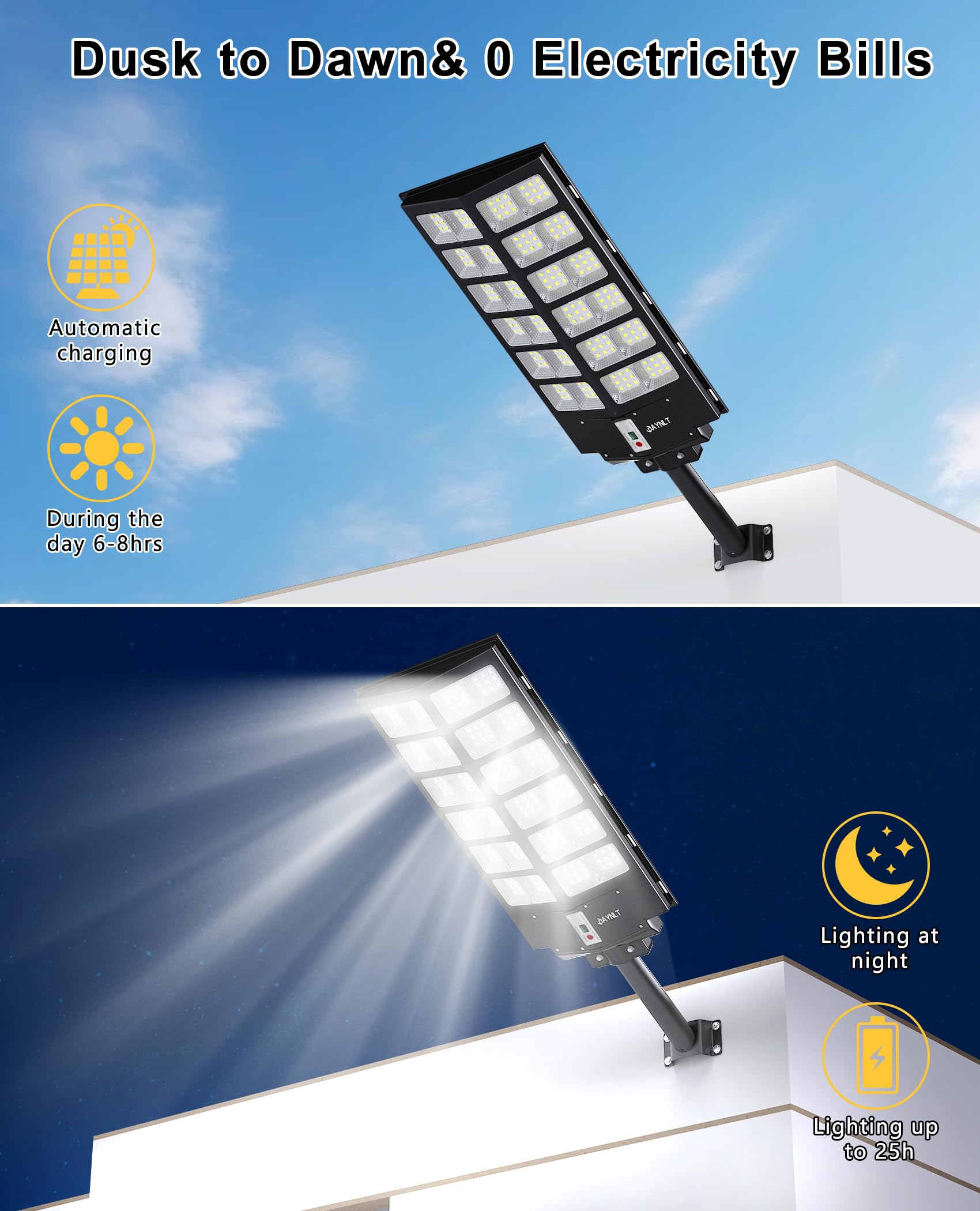 JAYNLT Y-9800W Solar Street Light, 6500K Waterproof Motion Sensor, Black, 1Pack for Outdoor, Garage, Driveway