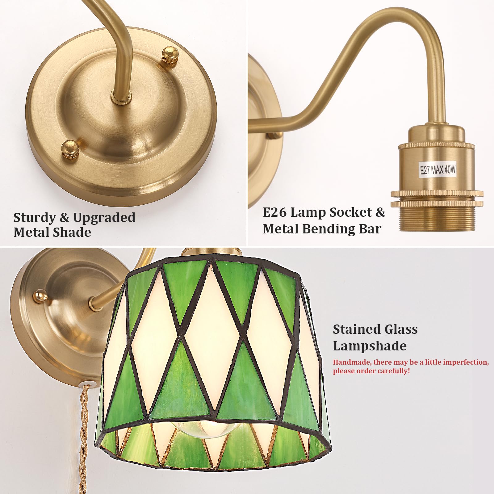 Shenmoyl Vintage Wall Sconce, Wall Mounted Lamps With Green Checker Sconce, Stained Glass Shade Gold Wall Lights Fixture With Plug In Cord And Switch For Bedroom Bathroom Living Room Hallway