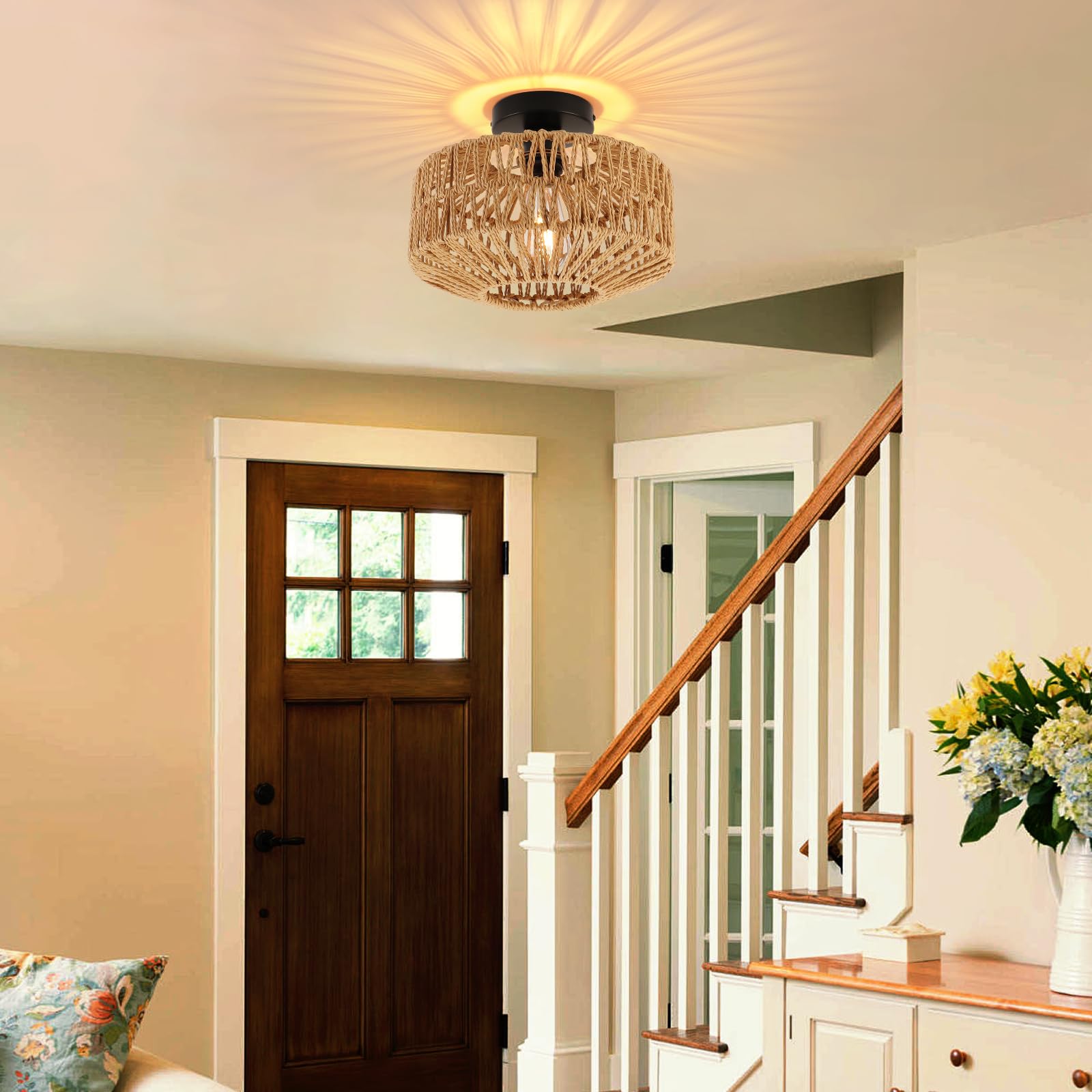 Foucasal Boho Light Fixtures Ceiling Mount, Mini Boho Rattan Chandelier, Woven Flush Mount Ceiling Light Fixture For Hallway Bed