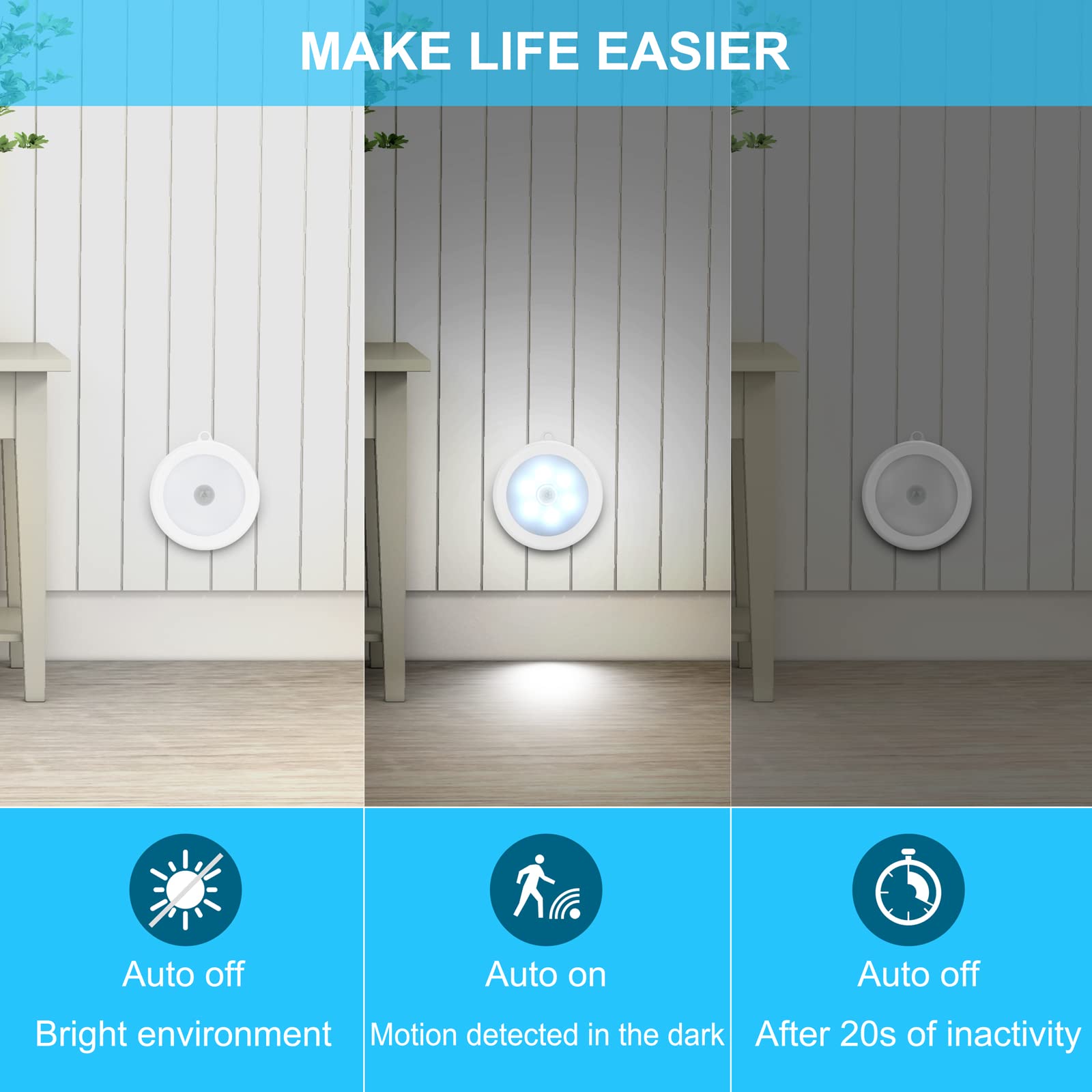 Mlambert LED Night Light 4 Pack, Motion Sensor, Cordless, Battery-Powered, Plastic, Cool White