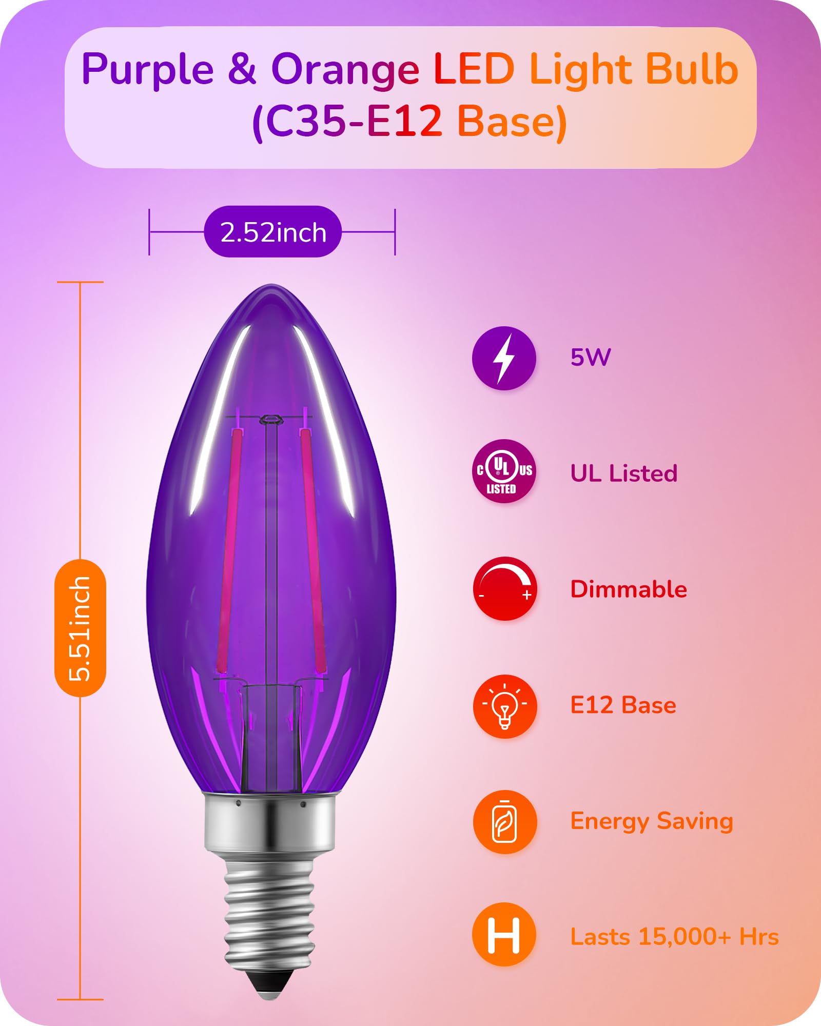 Edishine C35 Purple & Orange Dimmable Led Light Bulbs, 5W Equivalent 60W, Led Filament Light Bulb, 6 Pack E12 Socket, Clear Glas