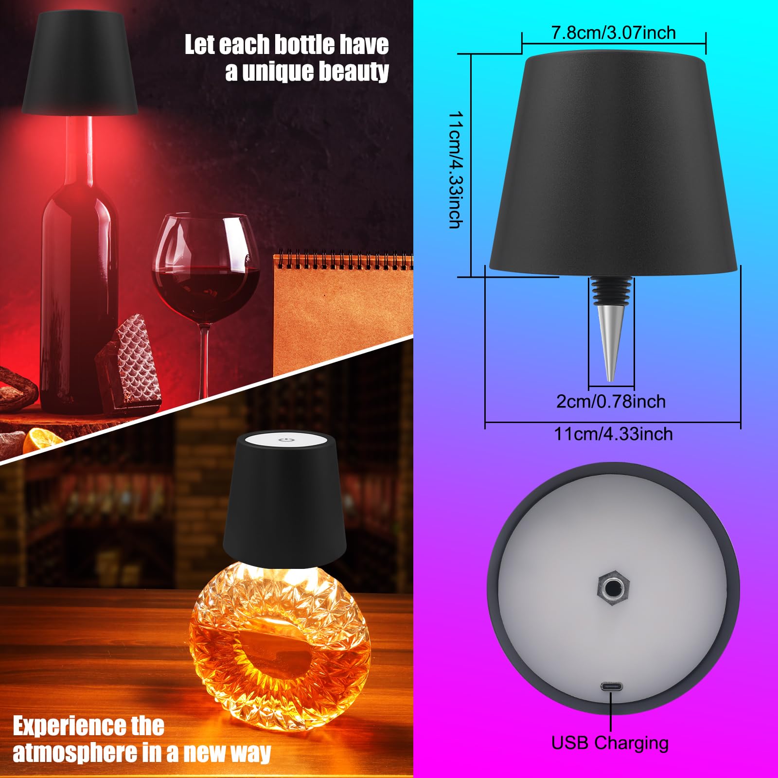 Wireless Bottle Lamp With Remote Control  Rechargeable Rgb Wine Bottle With 3Modes Light Dimming  Waterproof Touch Lamp Head For Room  Bar  Restaurant And Party Decorations(Black Rgb)