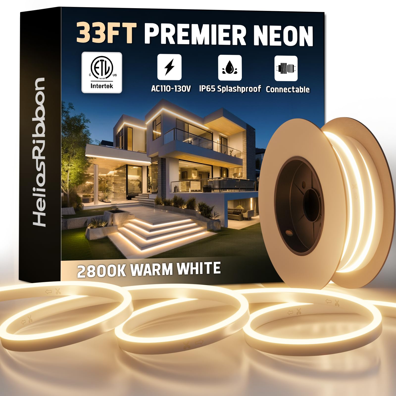 33FT LED Neon Rope Lights 2800K Warm White  ETL Listed 110-120V Outdoor Flexible Neon Band IP65 Waterproof  Connectable and Cuttable  for Home Commercial Contour Landscape Ambient Lighting Decor