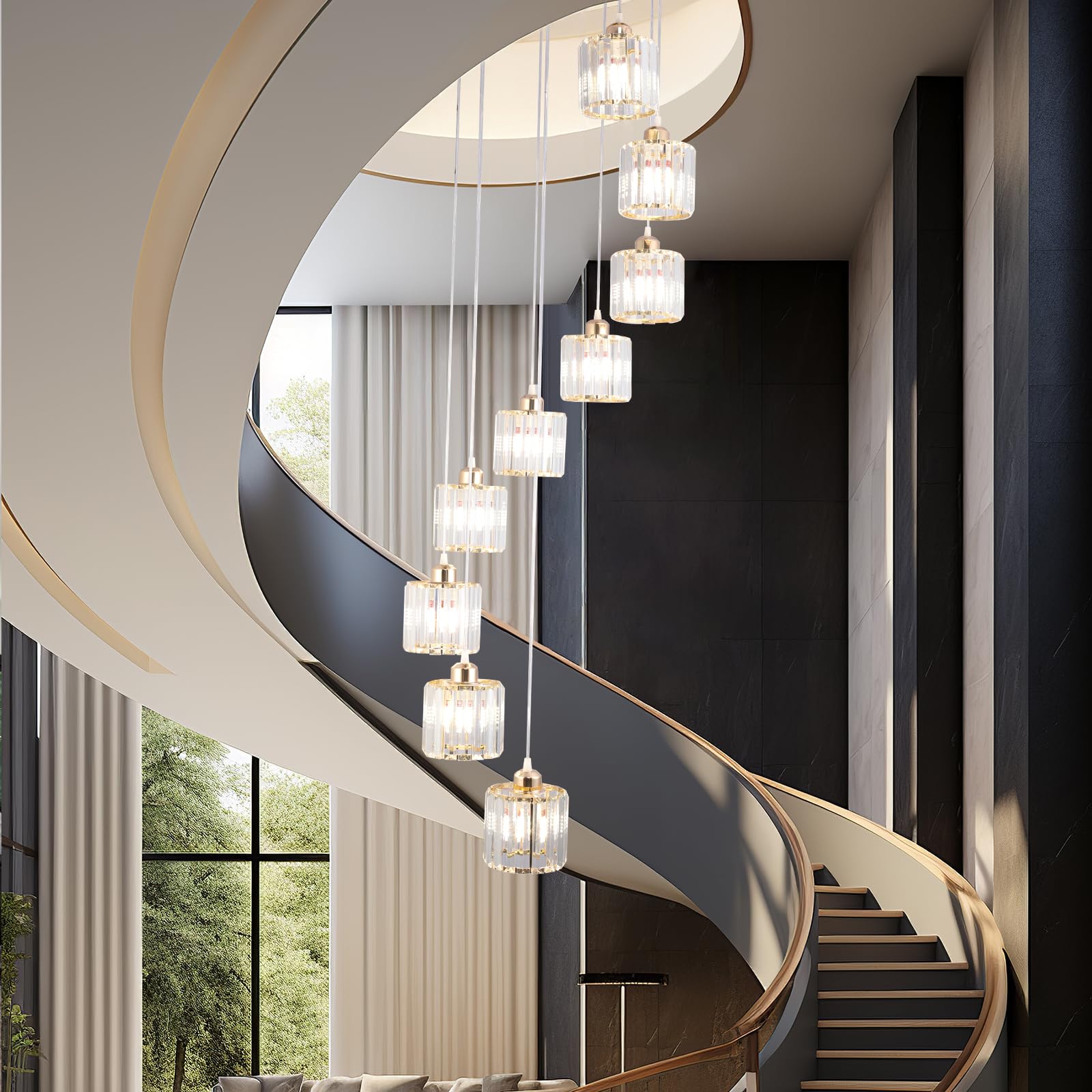 Cainjiazh High Ceilings Long Chandeliers Modern Crystal Pendant Light Raindrop Drop Lamp Hanging Chandeliers Flush Mount Lighting Fixtures For Staircase Foyer Entryway Gold 9 Lights