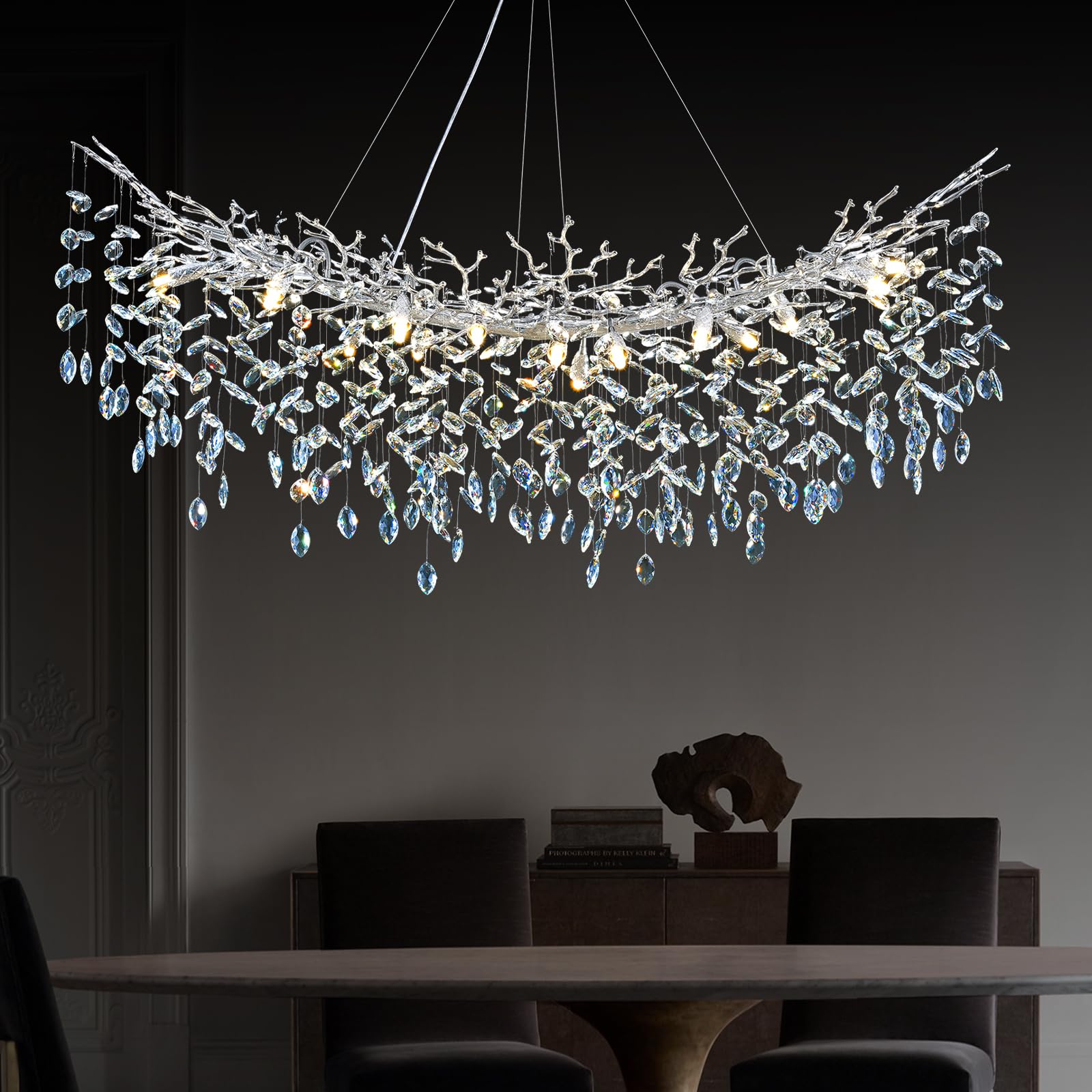 kvtinmty Modern Crystal Silver Chandelier, 55'' Large Rectangular Oval Tree Branch Crystal Chandeliers for Dining Room,16-Light 