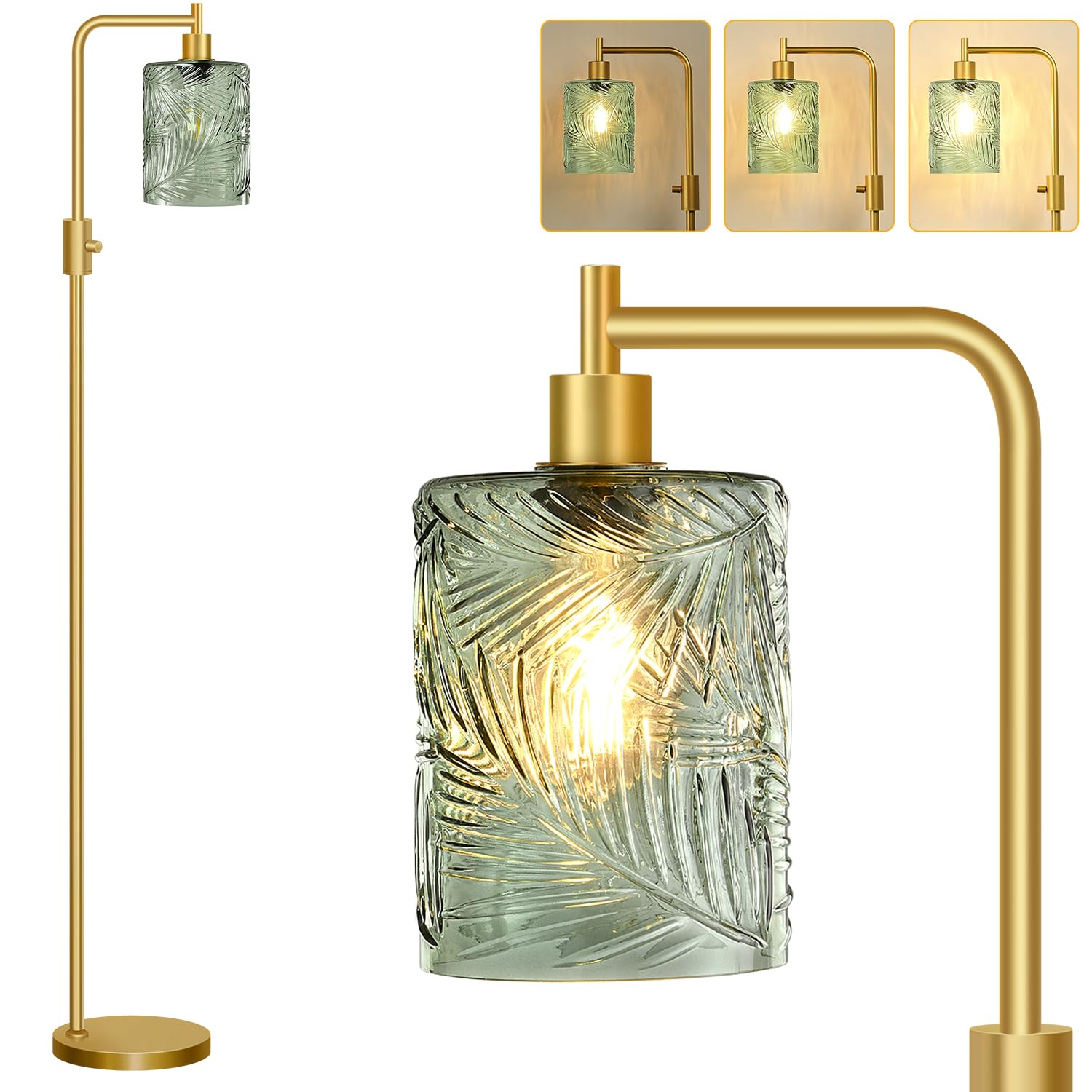 ?Upgraded? Dimmable Glass Floor Lamp for Living Room, Modern Gold Standing Lamp with Green Feather Glass Lampshade & Knob Dimmer