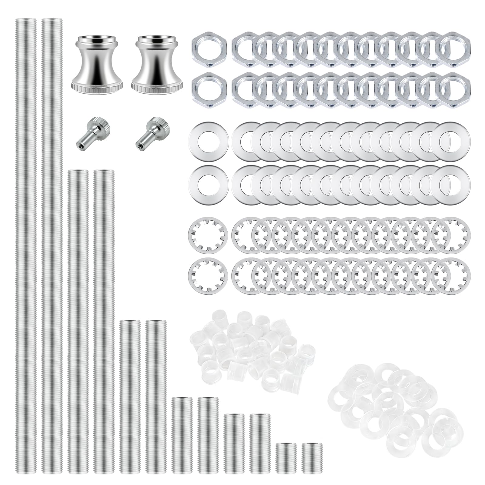 Goochan Lamp Repair Hardware Assortment - Metal, Silver, 12 Inch Rod Kit With Nipples, Connectors, Switch Knobs, Washers & Lock Nuts