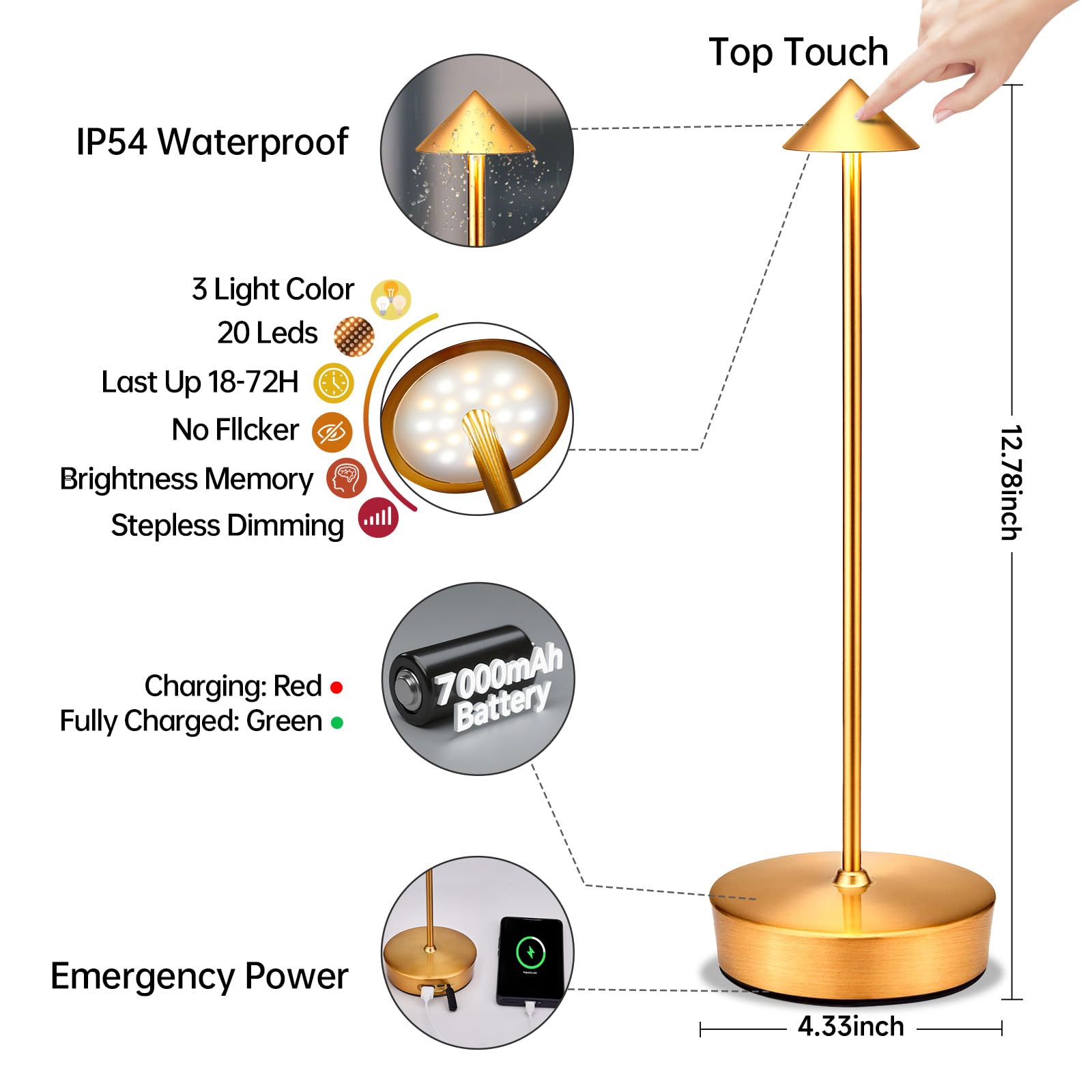 XMINKDZA Cordless LED Table Lamp 2 Pack, Waterproof, 7000mAh Battery, Dimmable, Bronze, Model XDJDSJBBM
