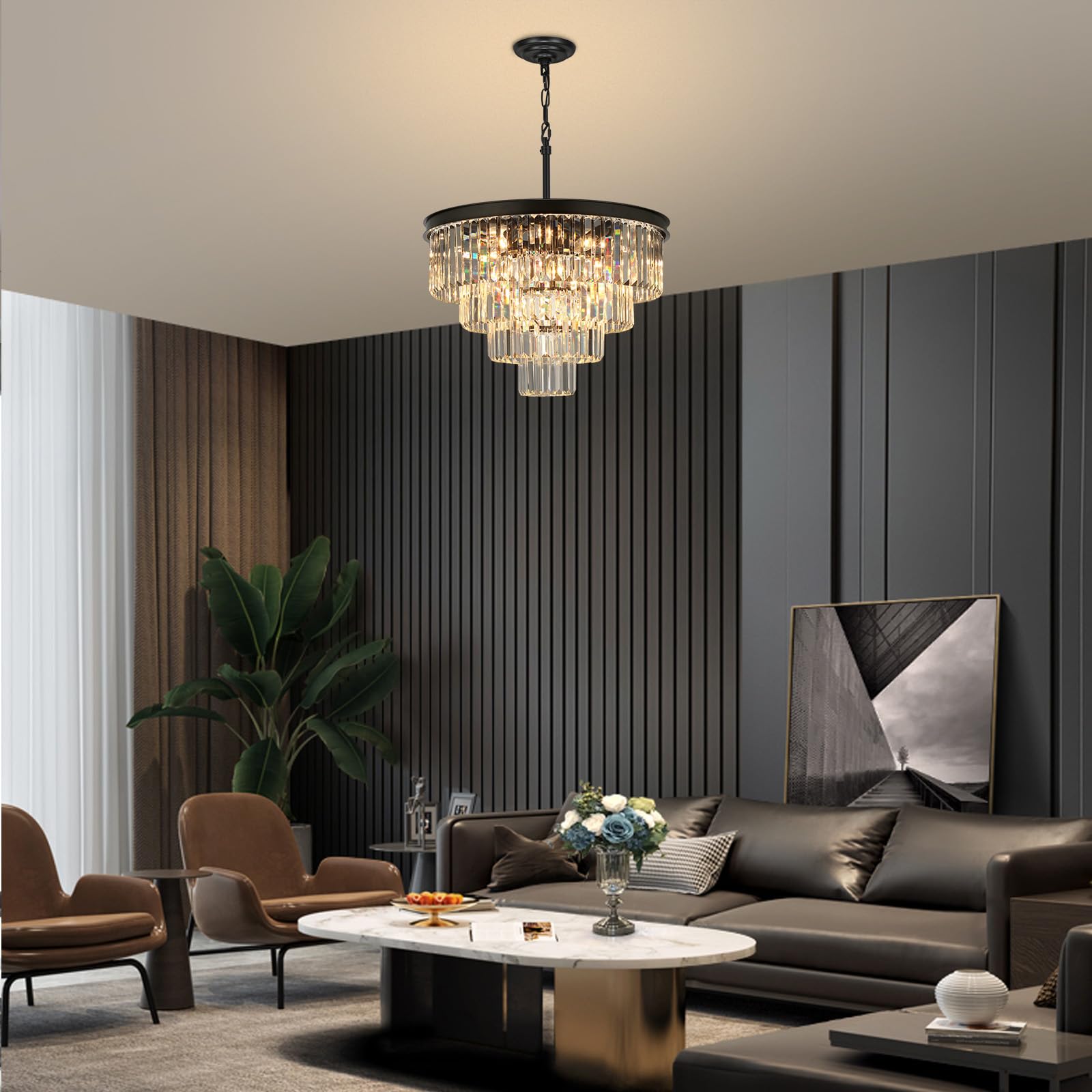 Weesalife Crystal Chandeliers - 15 Lights Black Modern Fixture, 24" Round Lighting for Dining Room, Living Room, Bedroom, Kitchen