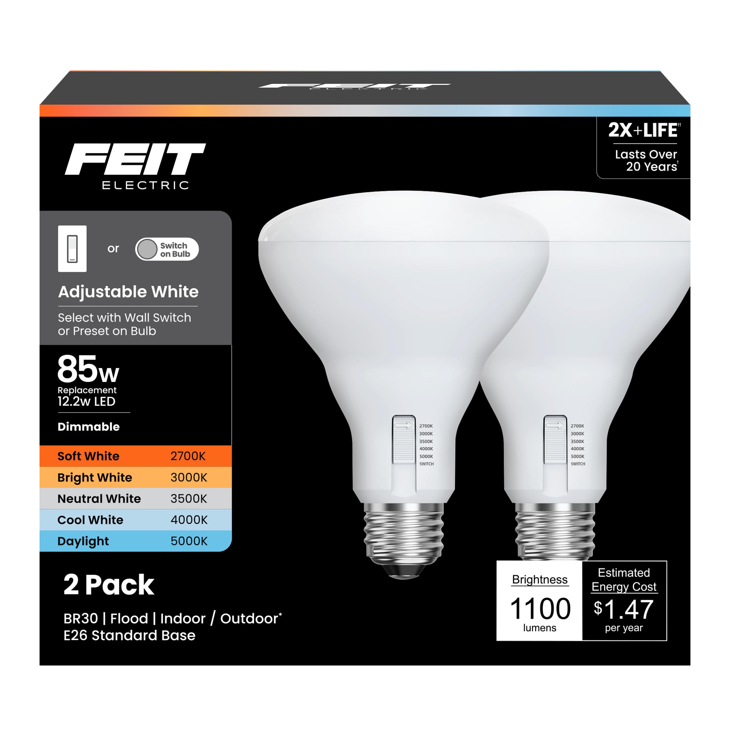 Feit Electric BR30 LED Light Bulb, 85W Equivalent, Dimmable, Color Selectable 6-Way, 5CCT, E26 Medium Base, 90 CRI, 1100 Lumens,
