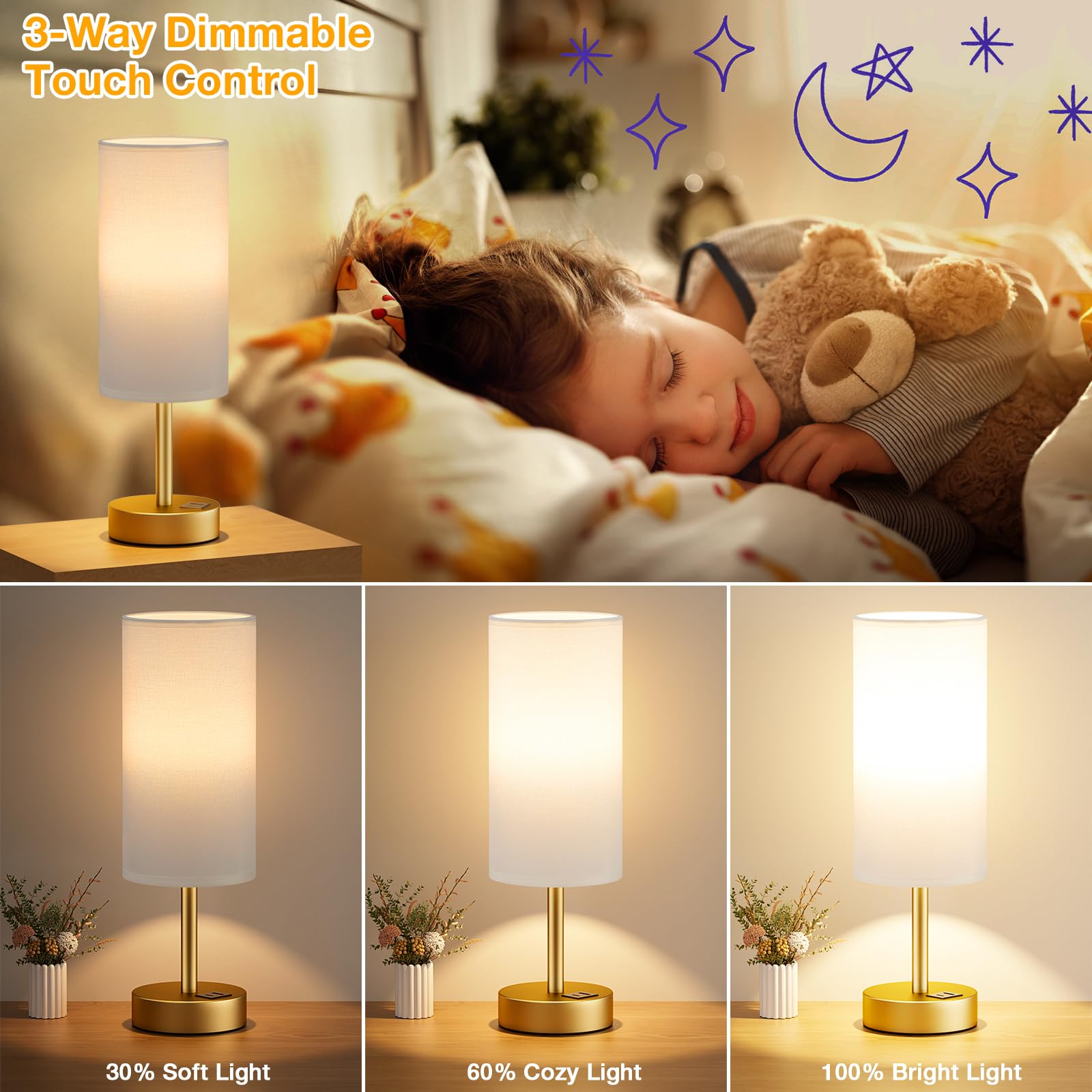 Dicoool Small Touch Bedside Lamp - 3 Way Dimmable, 14in Touch Control, White & Gold, Model 19-5