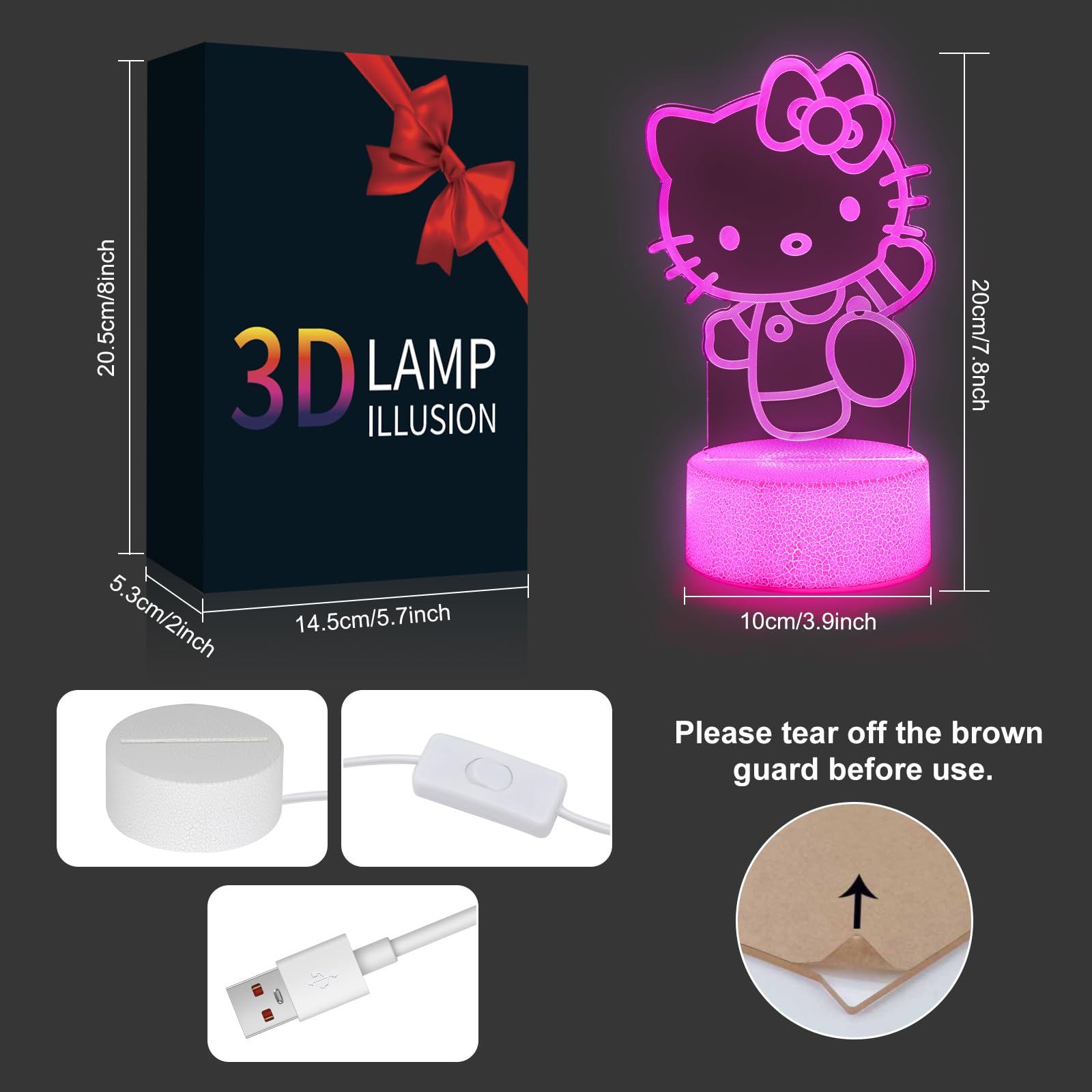 sunduck Pink Kawaii Kitty 3D Night Light - Corded Control, Unique Gift for Kids, Dreamy Room Decor, Model: pink03