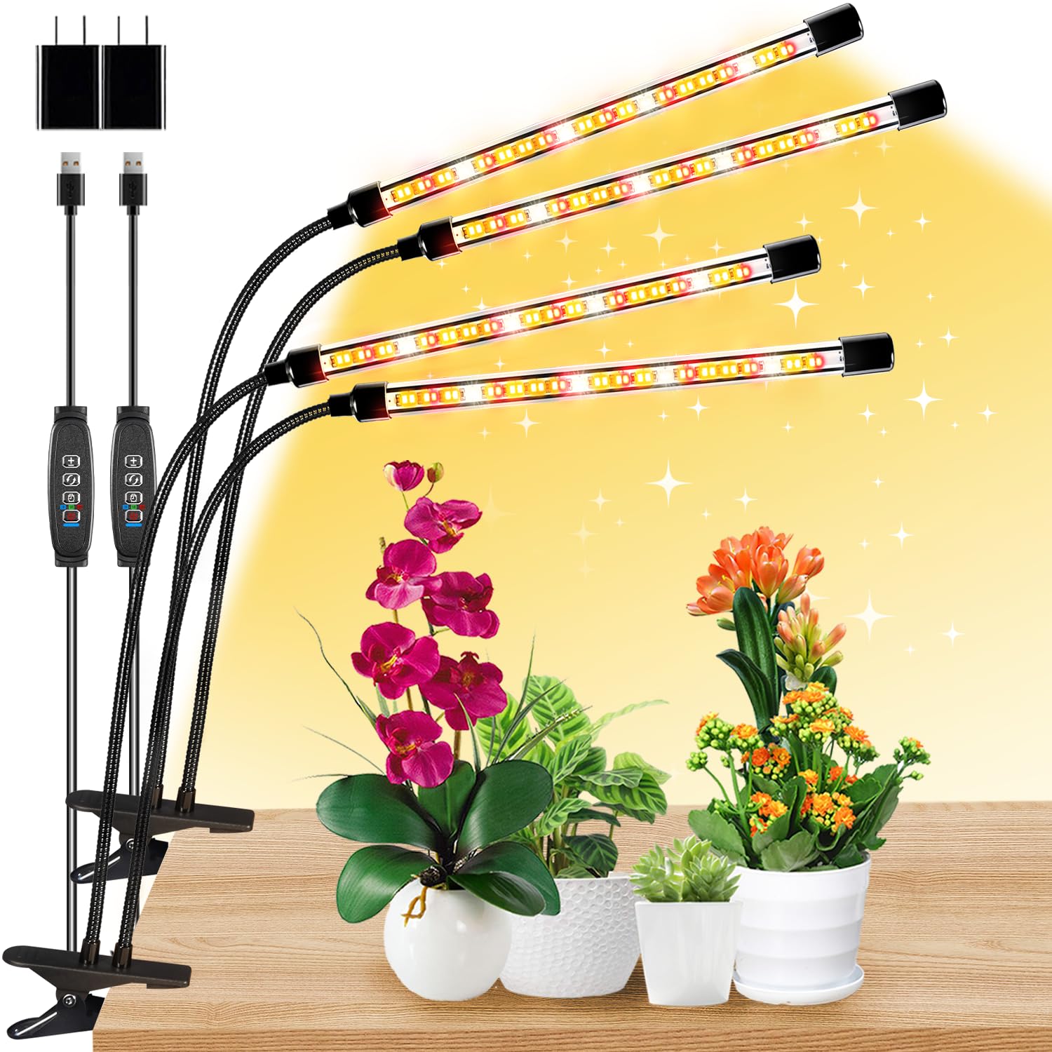Full Spectrum 4 Heads Plant Grow Lights For Indoor Plants With 10 Feet Cables,10 Dimmable Levels And 3/9/12H Timer(Adapter Included)