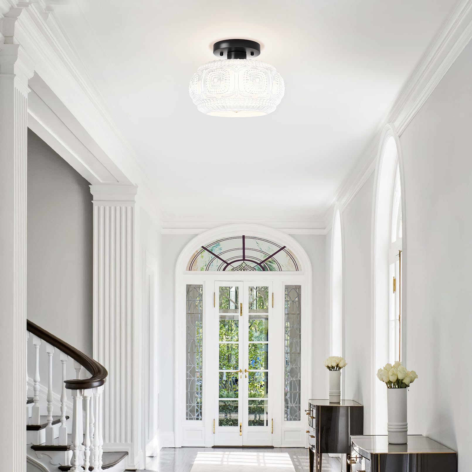 Oykyohei Semi Flush Mount Ceiling Light, Milk Glass Shade Modern Ceiling Light Fixture, Vintage Black Lighting For Hallway Bedro