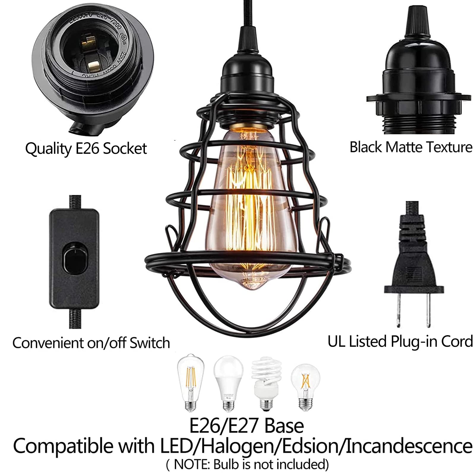 Asnxcju Vintage Pendant Light, Metal Hanging Cage with Plug in Cord, E26/E27, On/Off Switch, 1 Pack