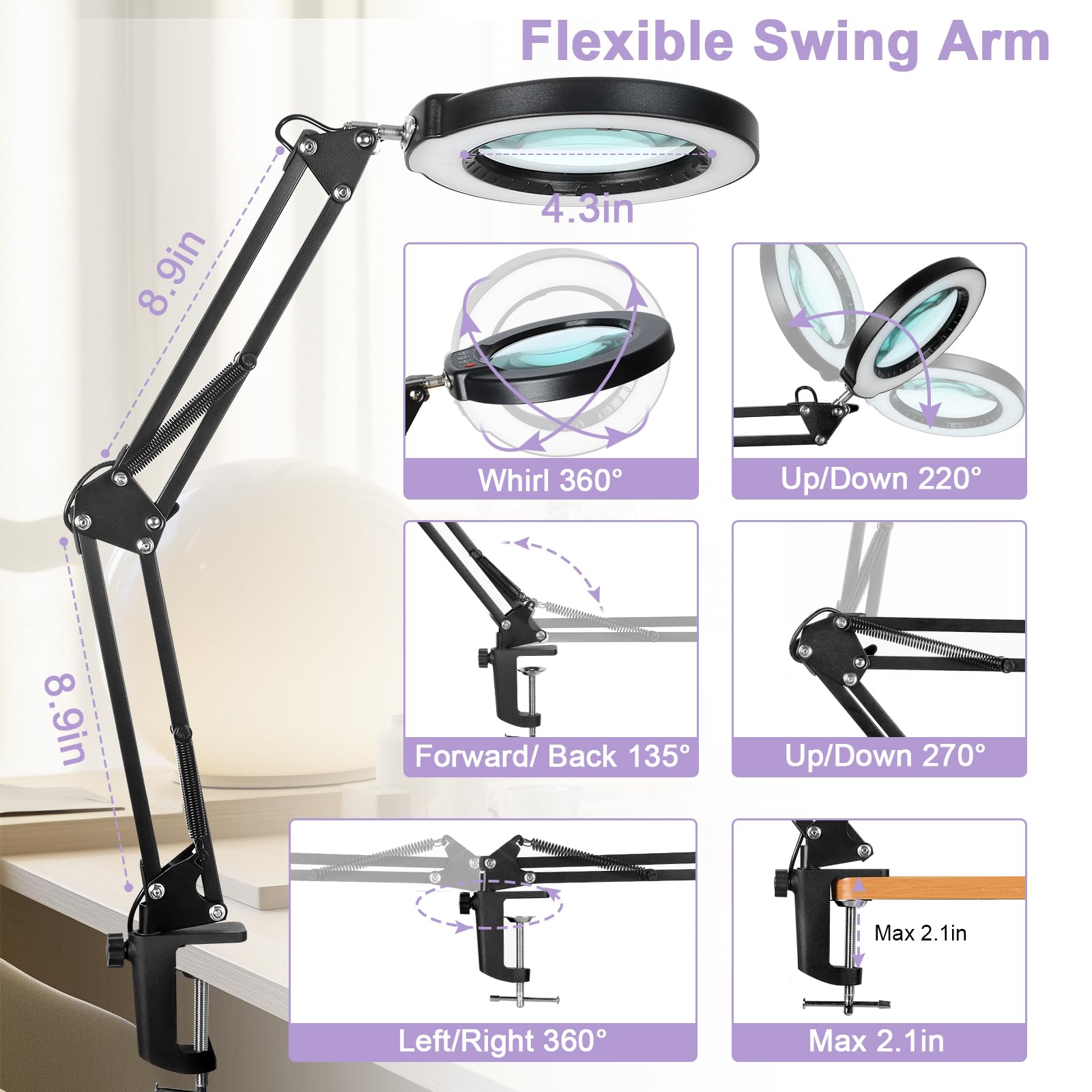 Seylae 10X Magnifying Glass With Light And Clamp, Real Glass Lens Lighted Magnifier With Stand, 5 Color Modes Led Dimmable Magnifying Desk Lamp Hands Free For Crafts Jewelry Painting Sewing Close Work