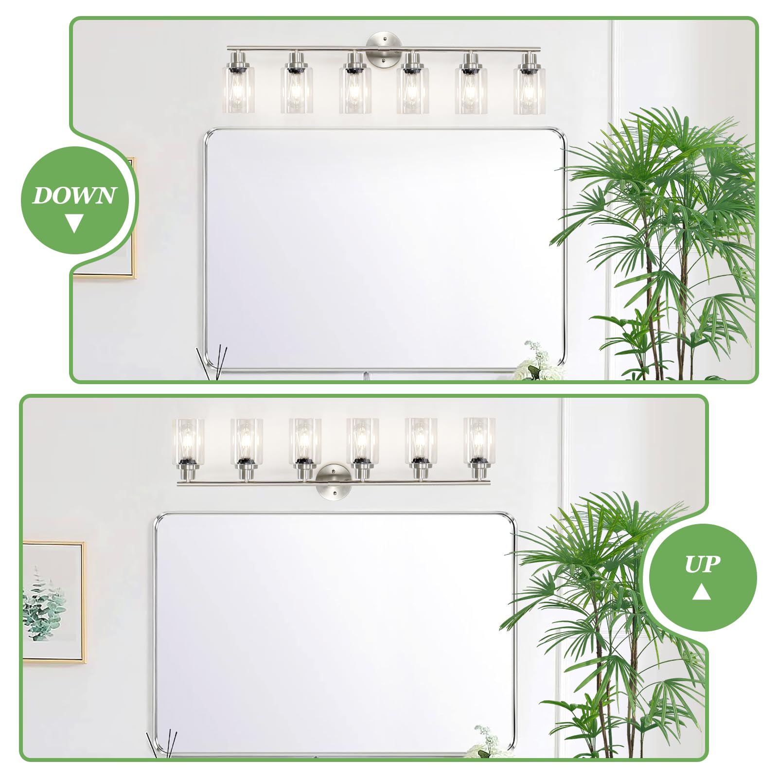 Guliaofo 6-Light Nickel Bathroom Vanity Lights, Metal Fixtures with Clear Glass Shade, Model Gu-111-QGN-6