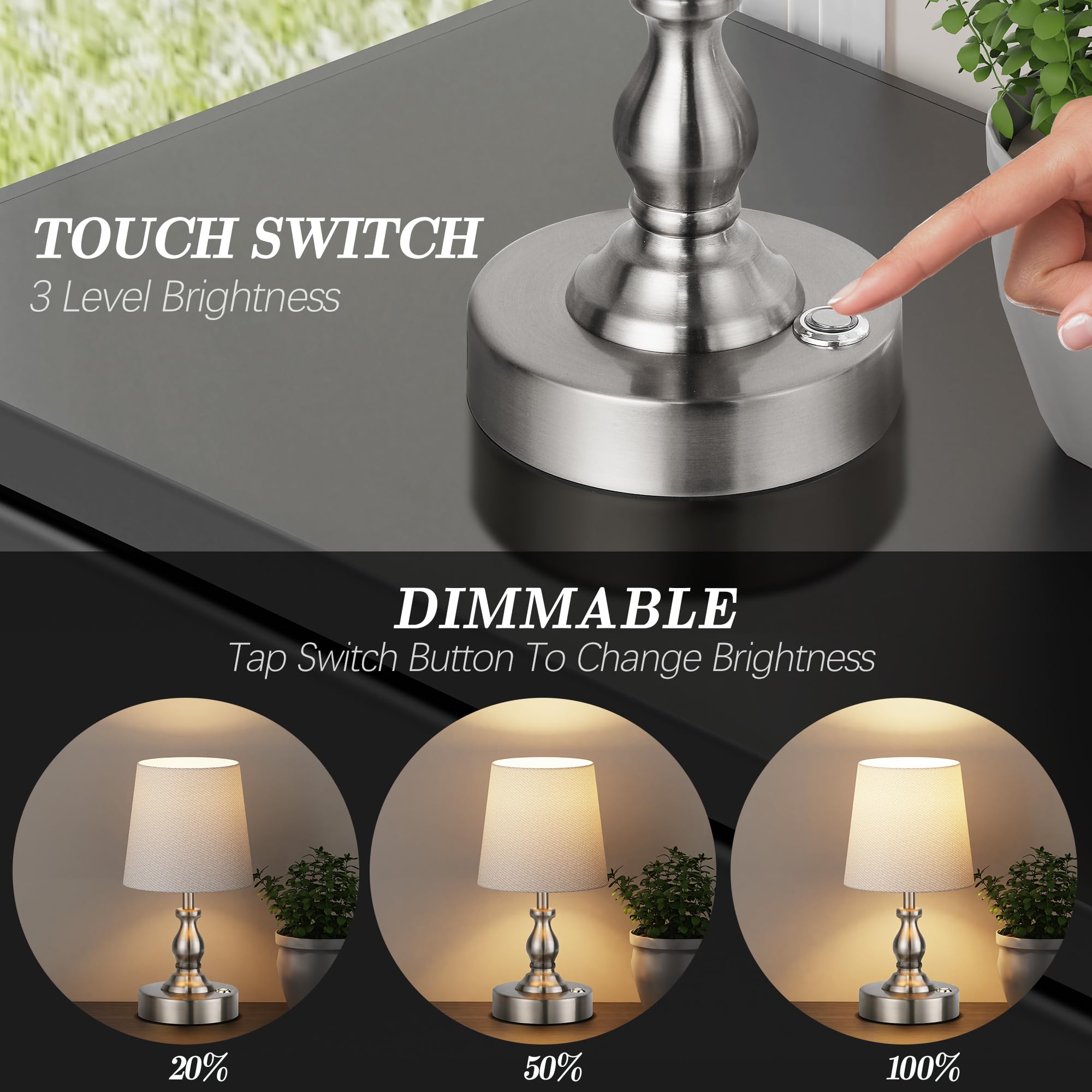 PARTPHONER Mini Cordless LED Table Lamp, 5200mAh Rechargeable, 3-Level Brightness, Touch Dimmable, Brushed Nickel, Model STR-LP-TL001