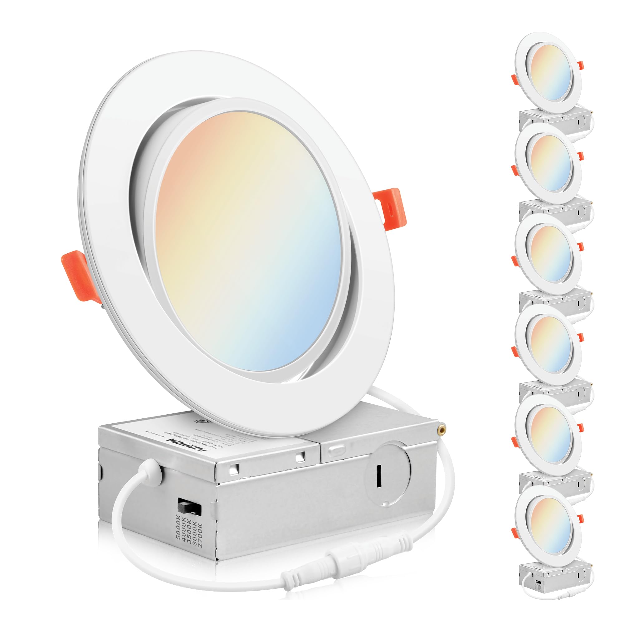 Parmida (6 Pack) 6 Inch 5Cct Ultra-Thin Led Adjustable Gimbal Recessed Lighting With J-Box, 2700K/3000K/3500K/4000K/5000K 5 Color Selectable, 12W, Eyeball Canless Slim Panel Lights, Dimmable, Ic, Etl
