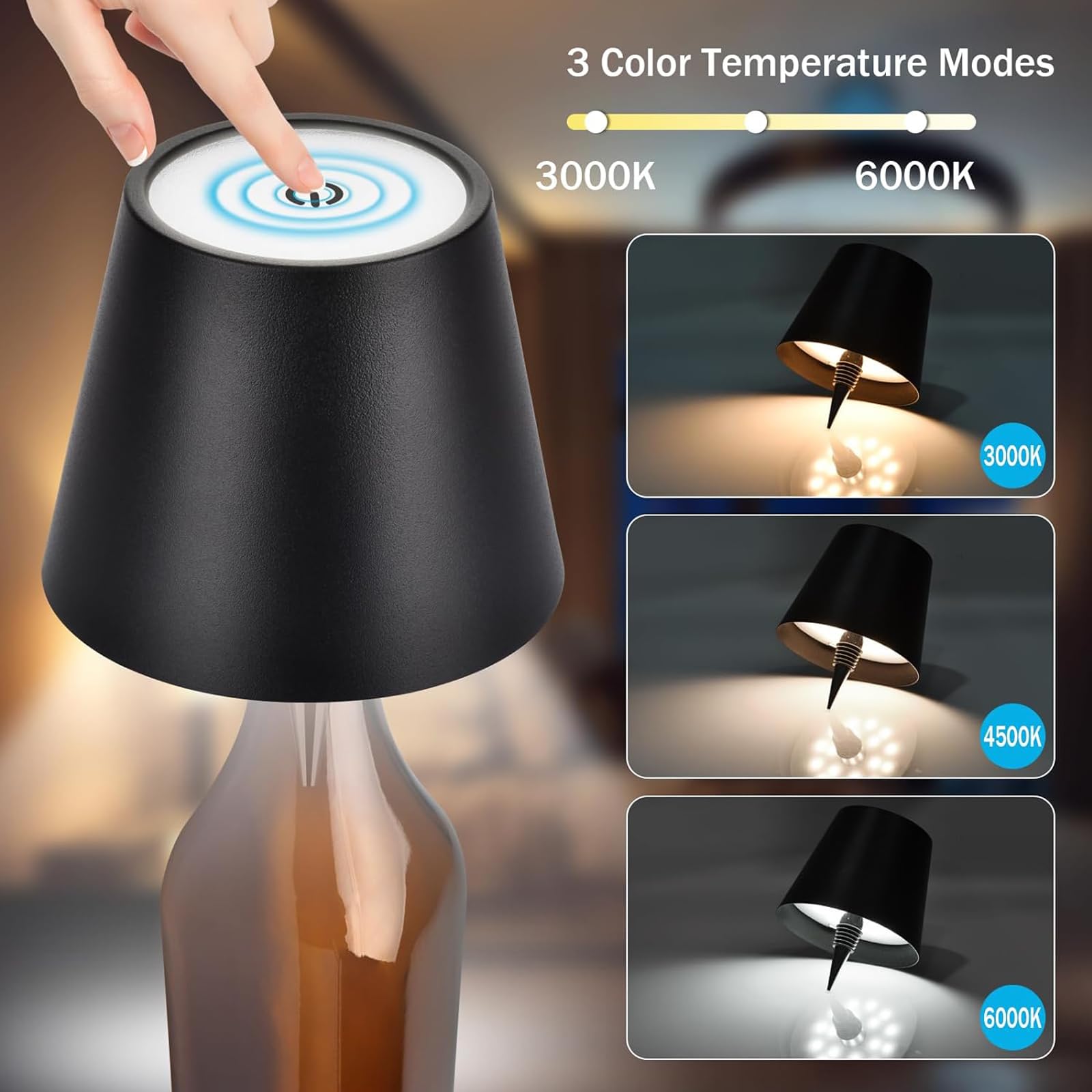 Wireless Bottle Lamp, Portable Led Wireless Bottle Lamp With 3 Modes Light Dimming, Rechargeable Wine Bottle Light Head, Touch T