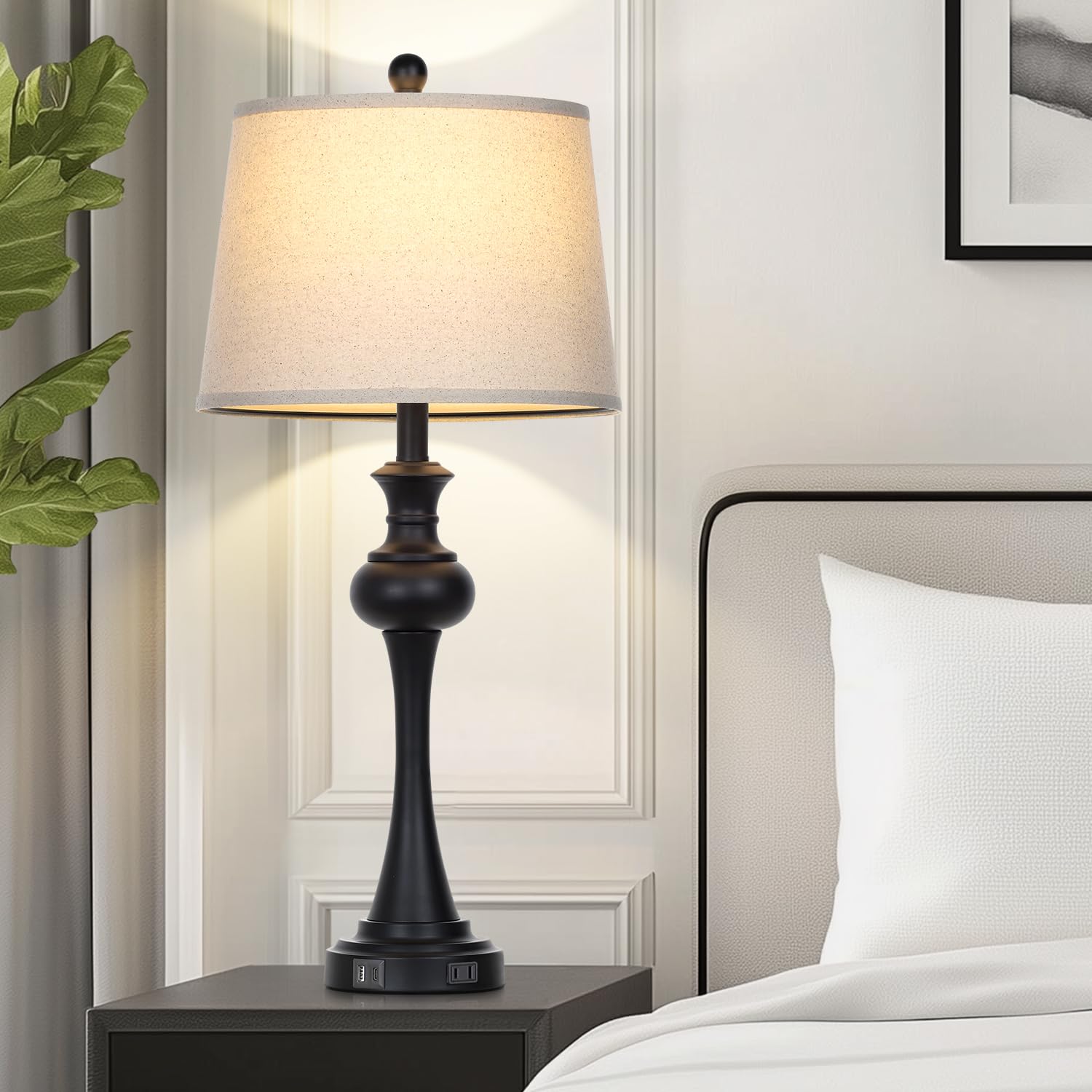 Cinyirong 3-Way Touch Control Modern Table Lamp Set of 2, 28.75", Black, USB A+C Ports, Mid Century, Beige Fabric Shade