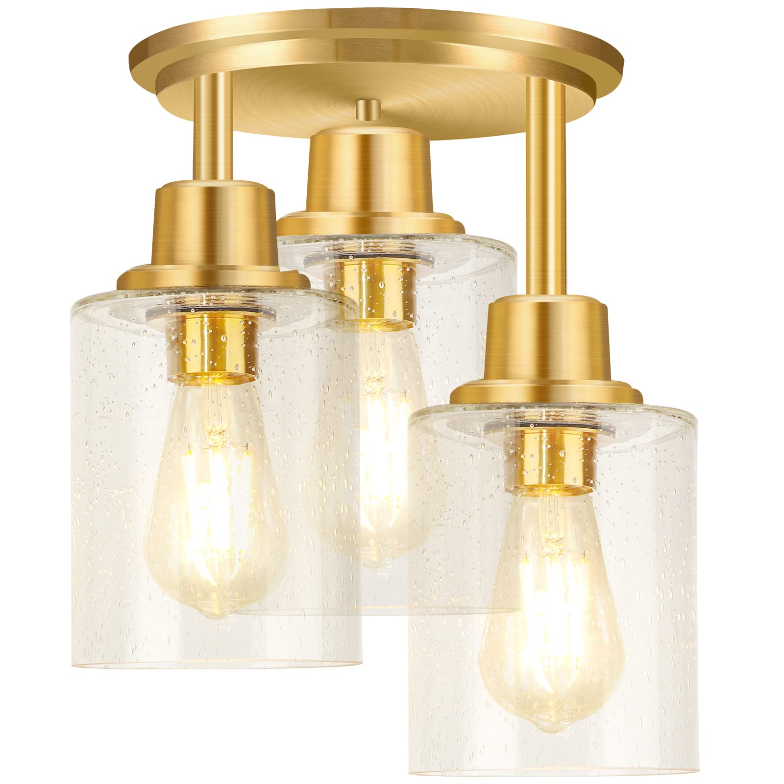 ROTTOGOON Semi Flush Mount Ceiling Light 3-Light Brass Gold Glass Shade