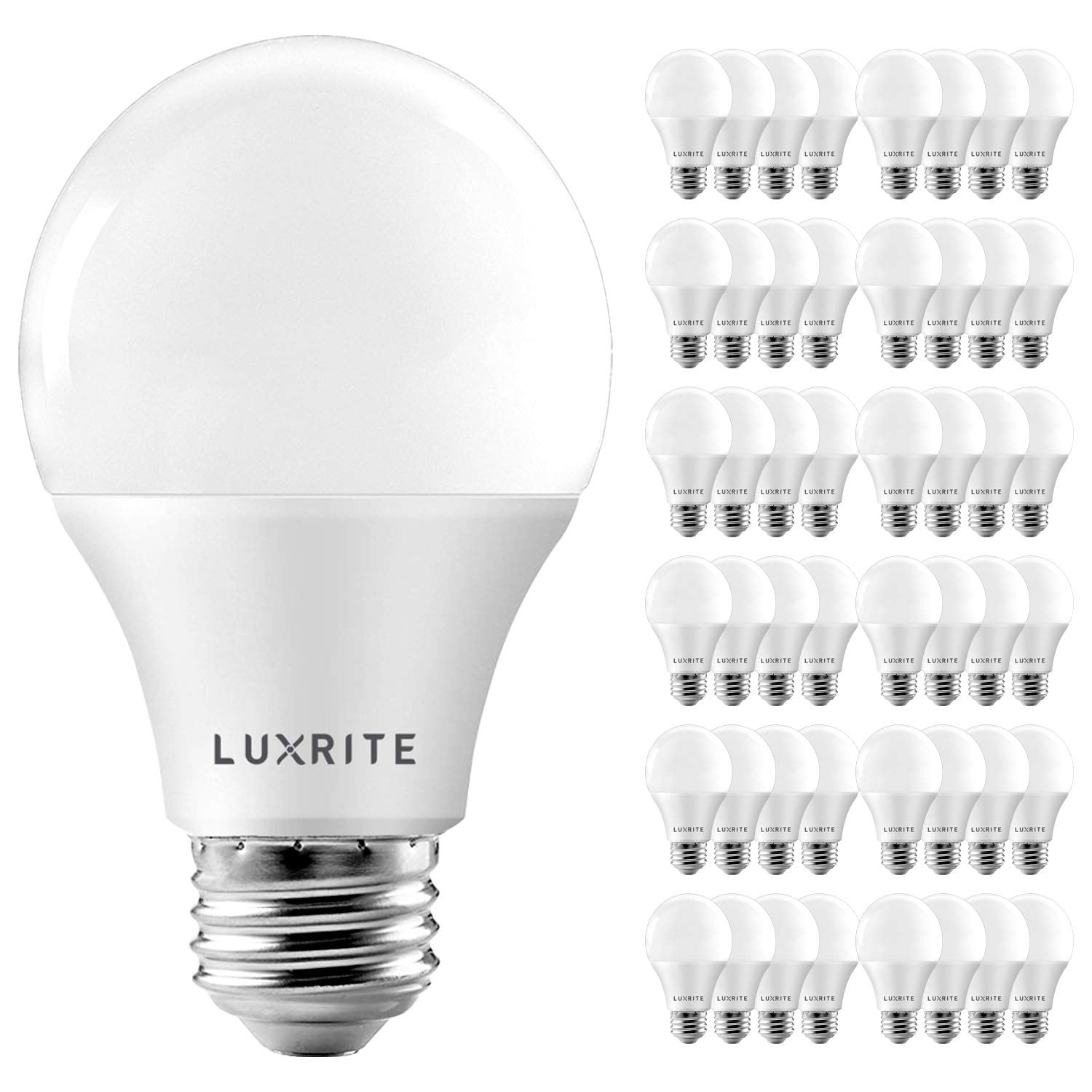LUXRITE A19 LED Bulb 60W Equivalent 9W Dimmable 800 Lumens Enclosed Fixture Rated 3000K Soft White E26 Medium Base - 48 Pack