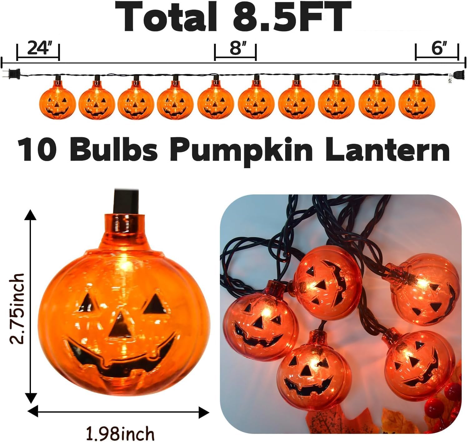 Halloween Decorations Pumpkin String Lights, 8.5 Feet Clear Pumpkin Lights With 10Pcs Pumpkin Lantern Lights, For Halloween Indoor Outdoor Party Patio Yard Home Decor