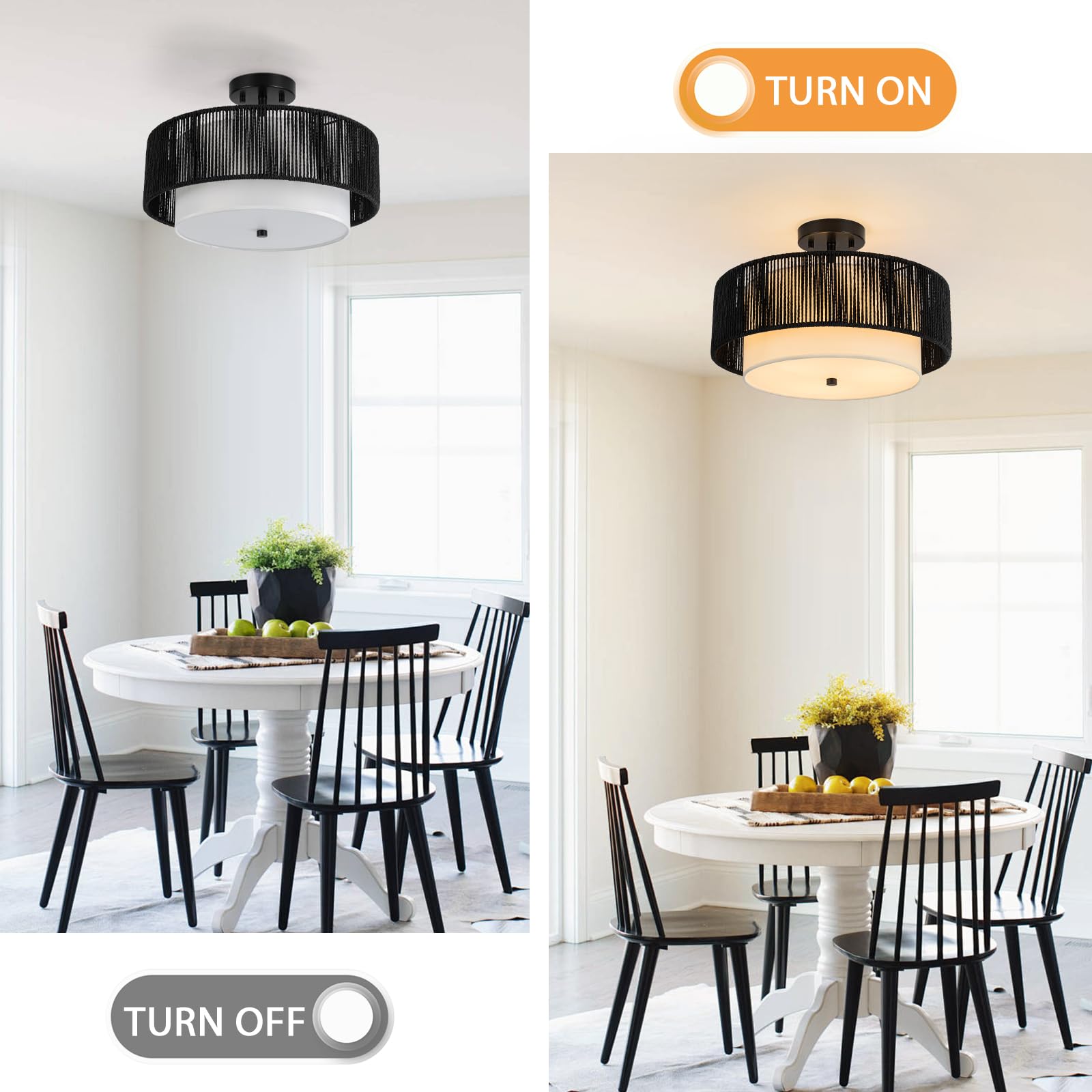 Sinerise 16'' Rattan Flush Mount Ceiling Light Fixture,2-Tier Drum Hand-Woven Boho Flush Mount Ceiling Light,Farmhouse Light Fix