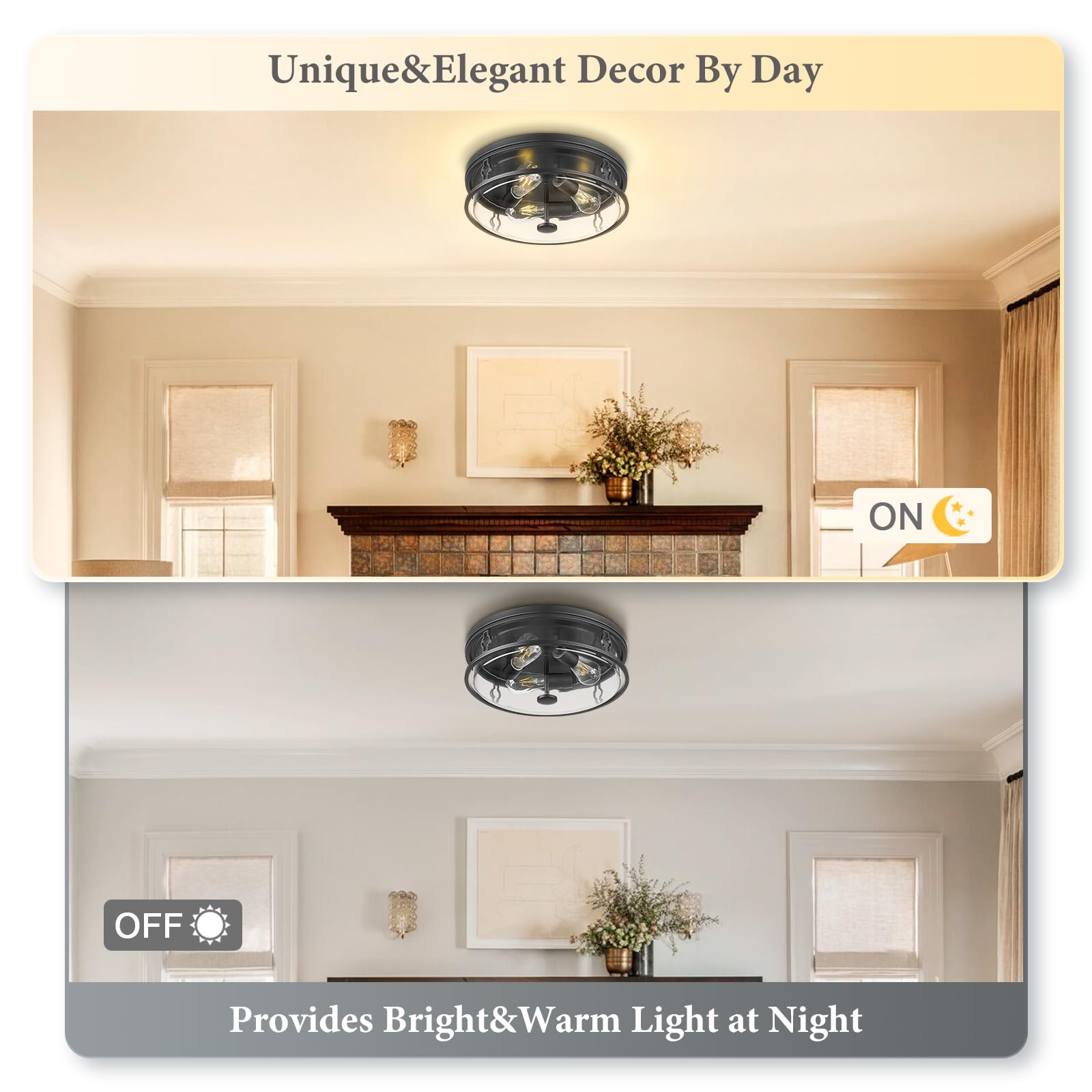 Luminzone 16&quot; Flush Mount Ceiling Light, 3-Light Black Iron Fixture For Indoor/Outdoor Use