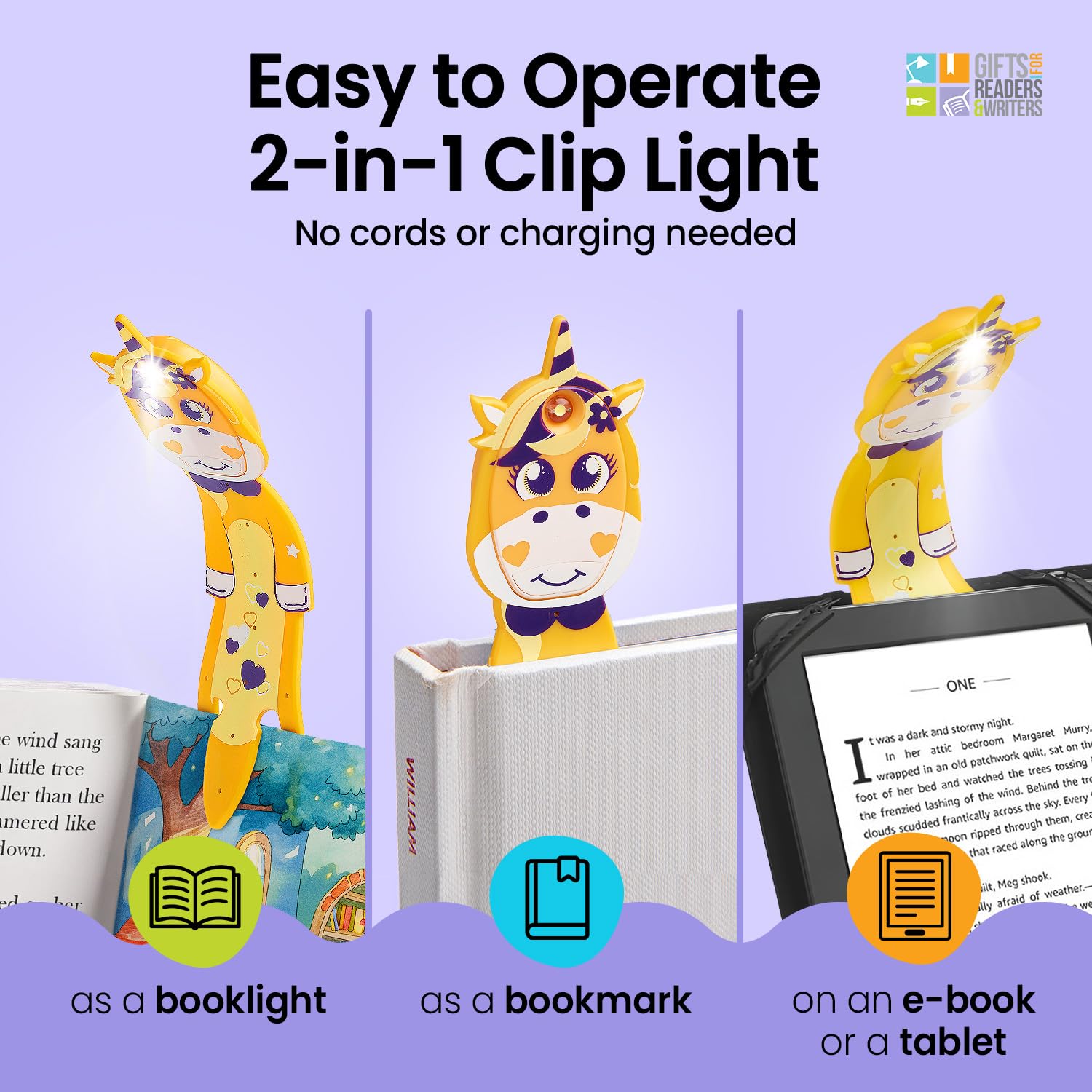 Gifts for Readers & Writers Bookmark Reading Light Unicorn Yellow - 2in1 Clip On Bookmark Kids Light for Reading in Bed, Travel
