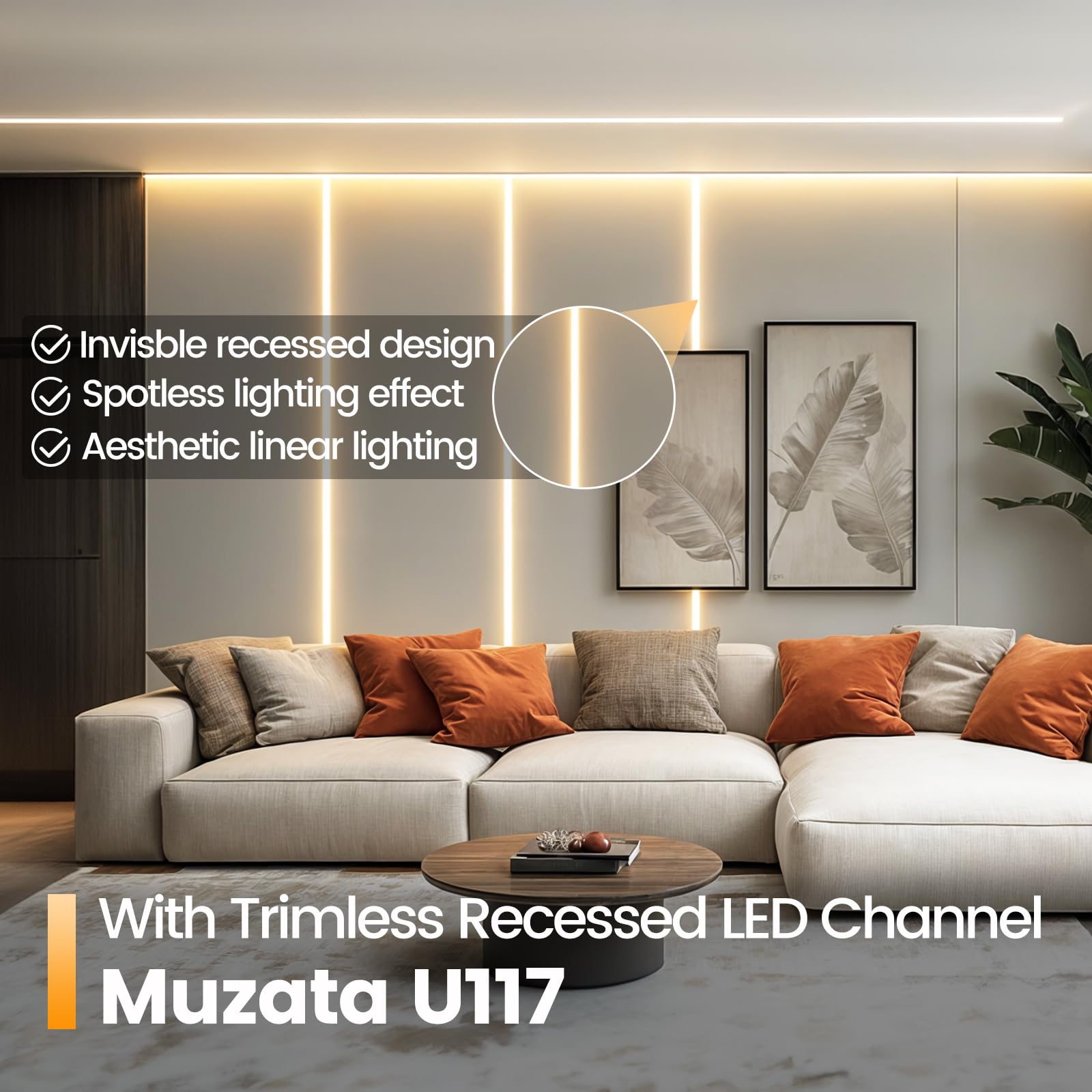 Muzata 5Pack LED Channel Trimless Diffuser 6.6FT/2M White U117 for Recessed Drywall Ceiling Wall