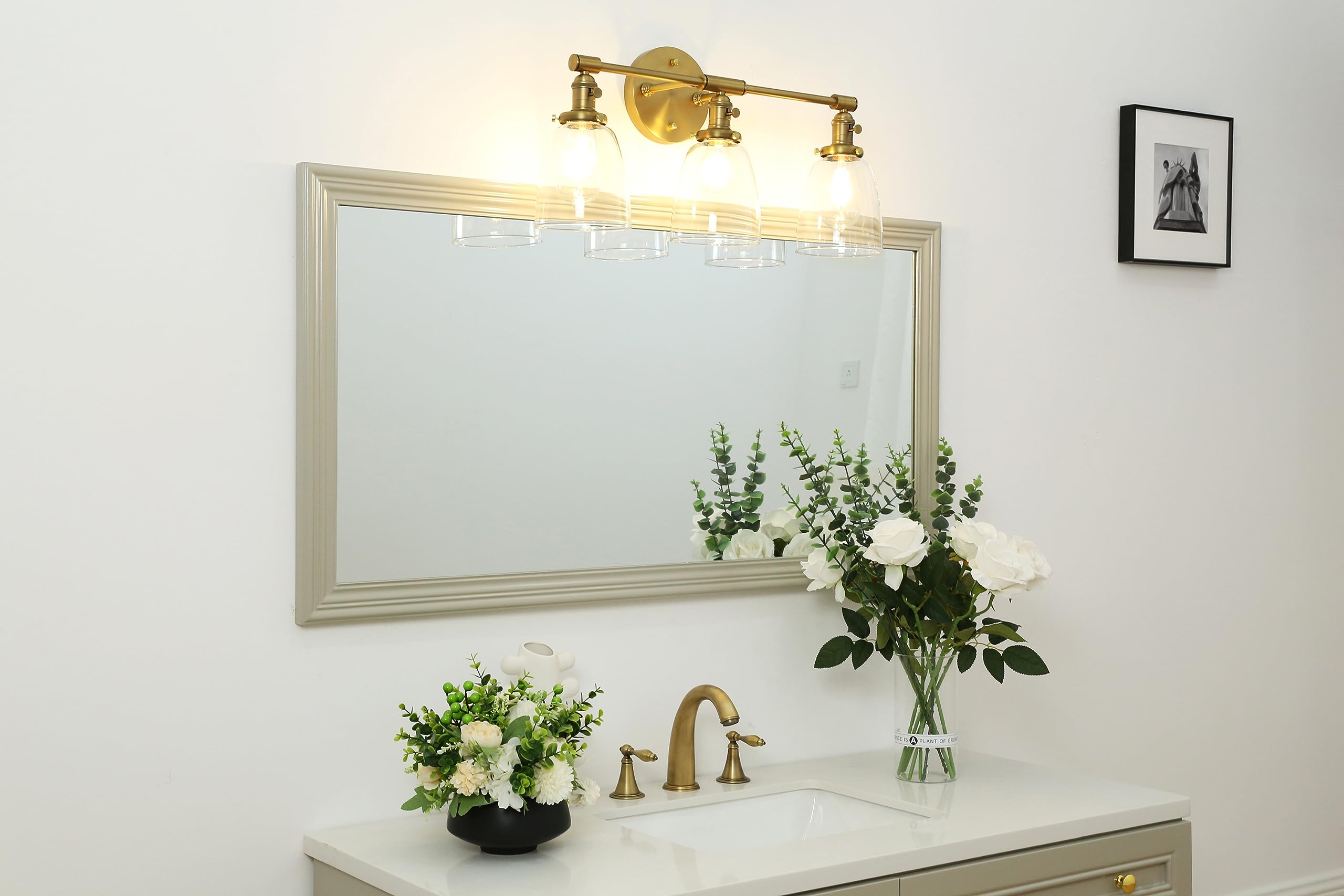 Phansthy Antique Brass 3-Light Wall Sconce with Clear Glass Shade, Model FTY451T, Bathroom Vanity Lighting